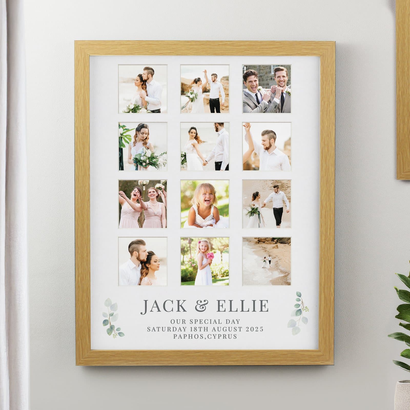 Large oak multi photo frame for 12 photos with personalised wedding text
