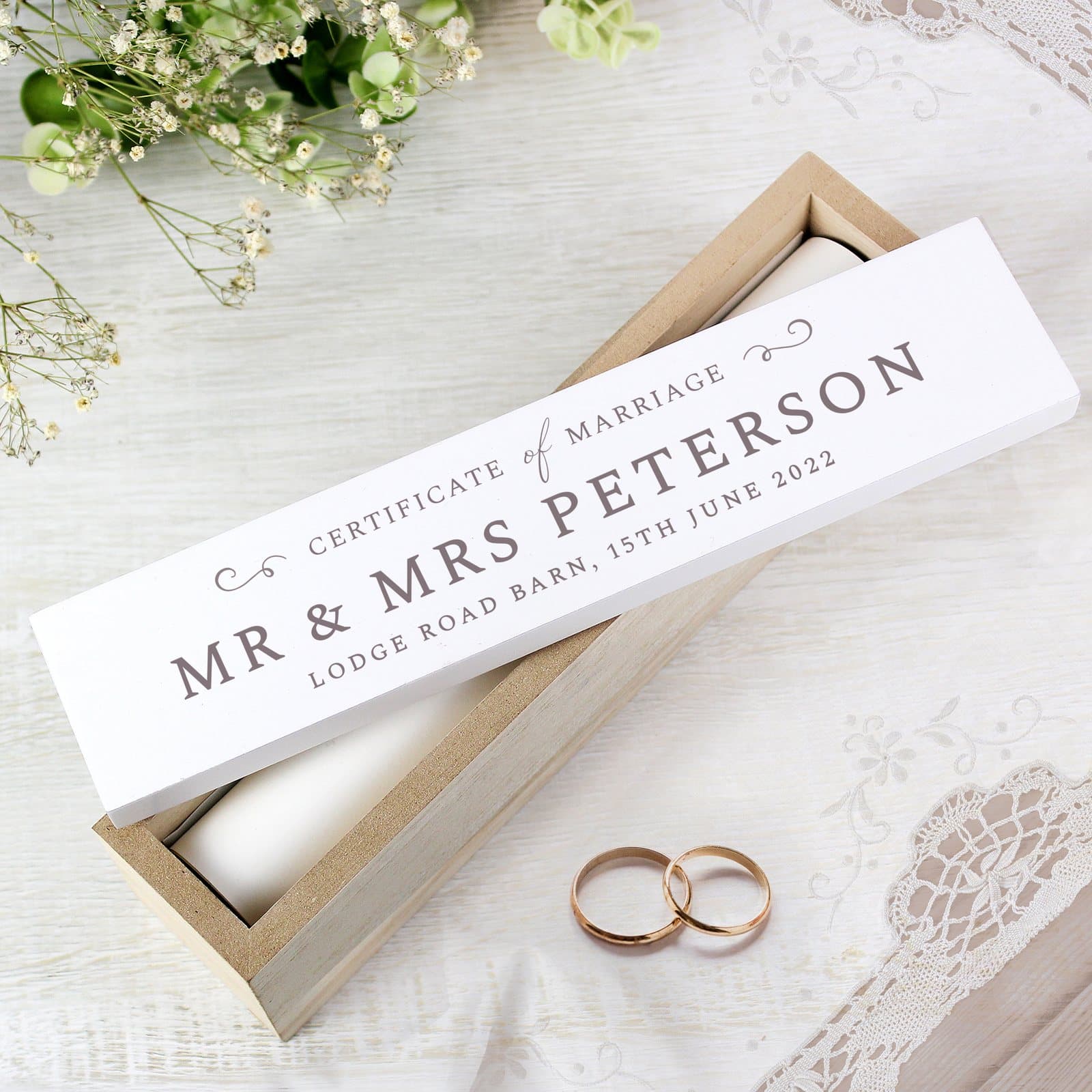 Shabby chic wooden marriage certificate holder with personalised wording