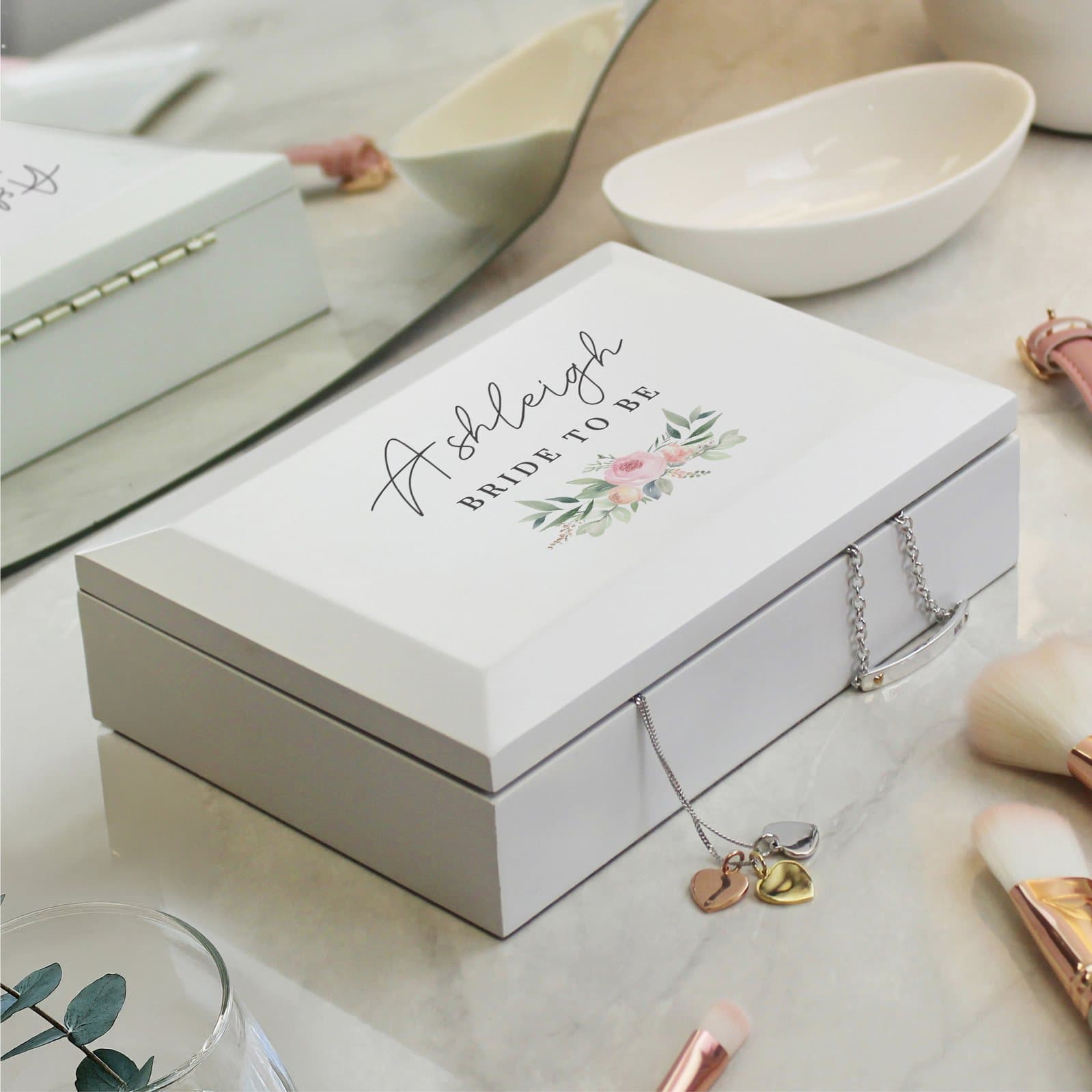 Wooden jewellery box with a floral design and personalised message lines