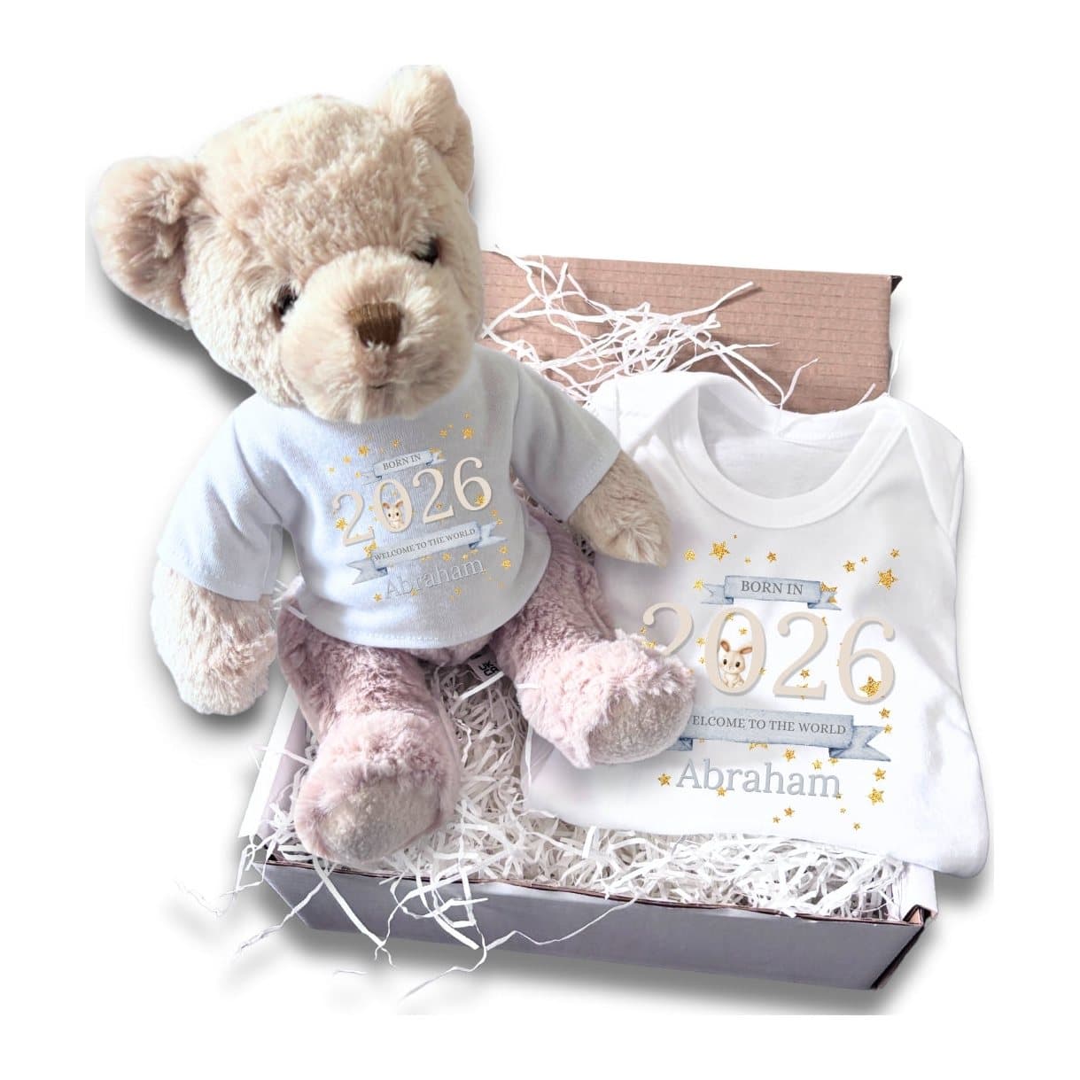 Welcome to the World 2026 teddy bear and personalised baby vest