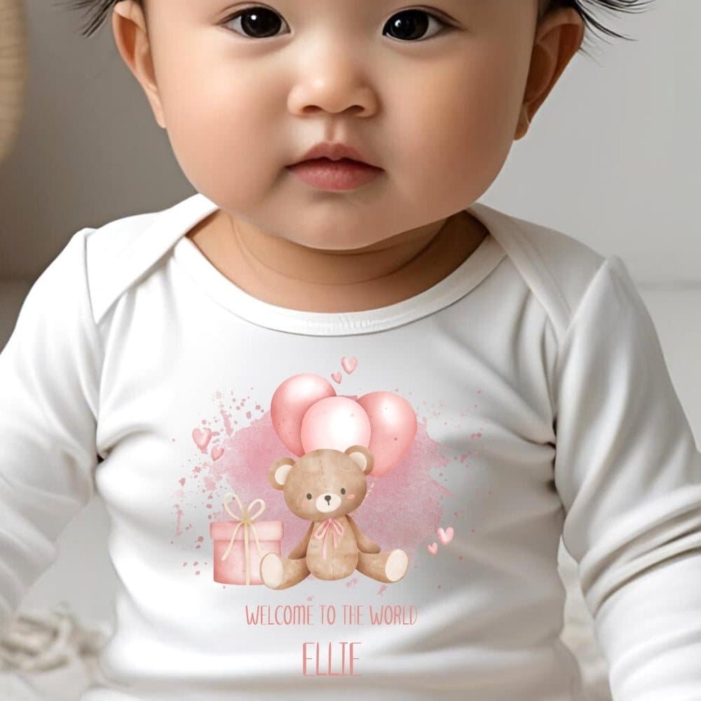 Pink Welcome to the World teddy baby outfit with balloon artwork