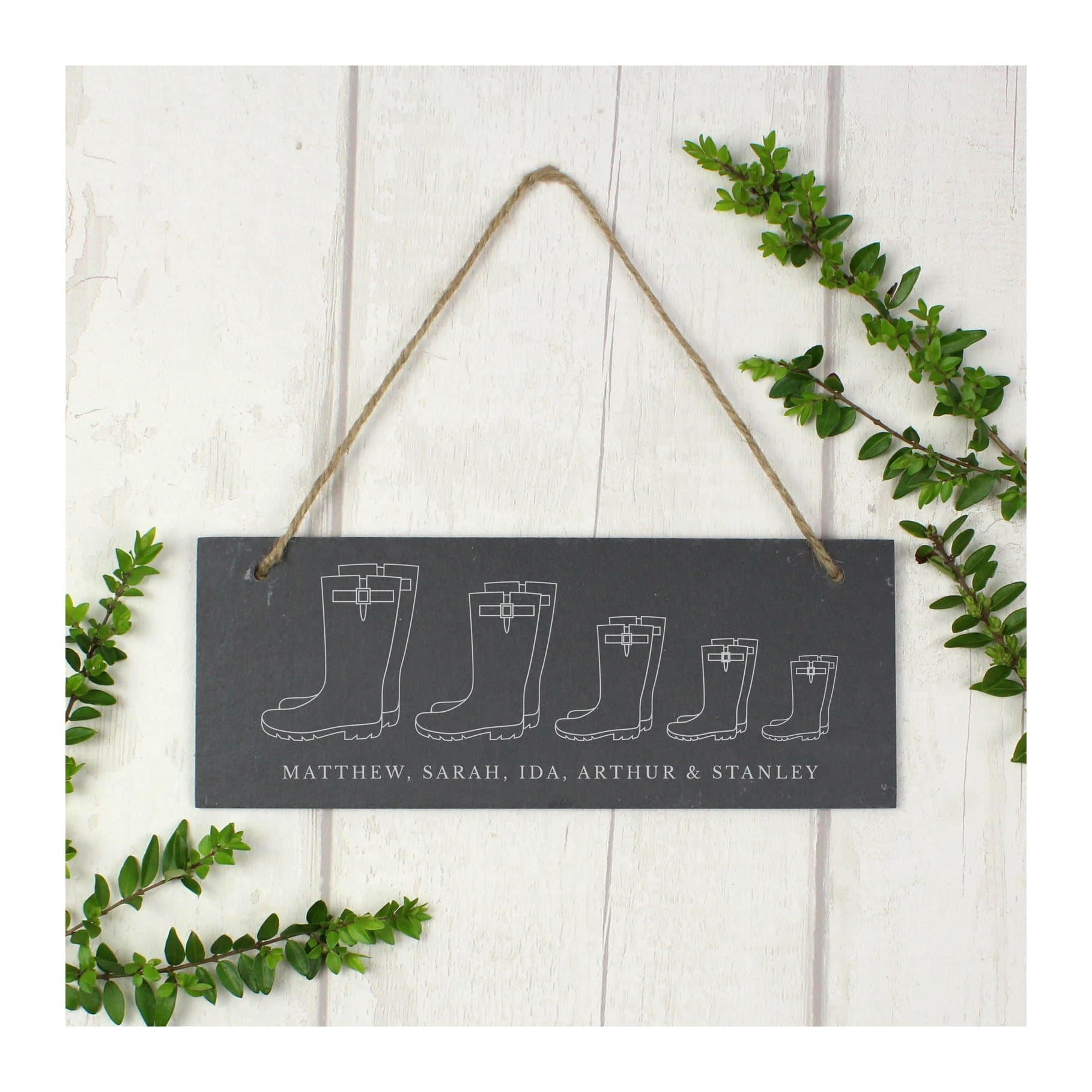 Hanging slate plaque with a welly boot family of five design and string