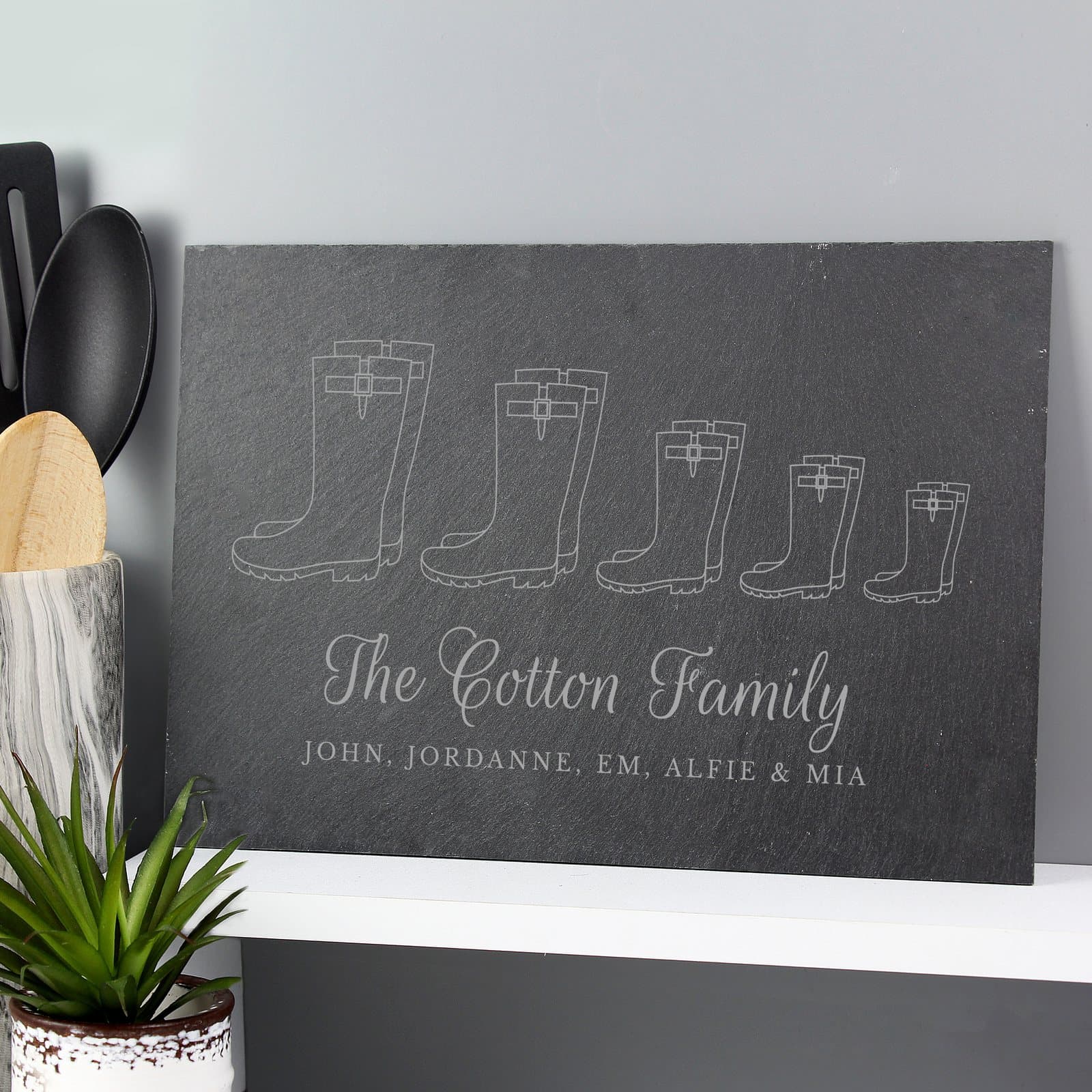 Slate placemat with a welly boot family of five design and personalised lines