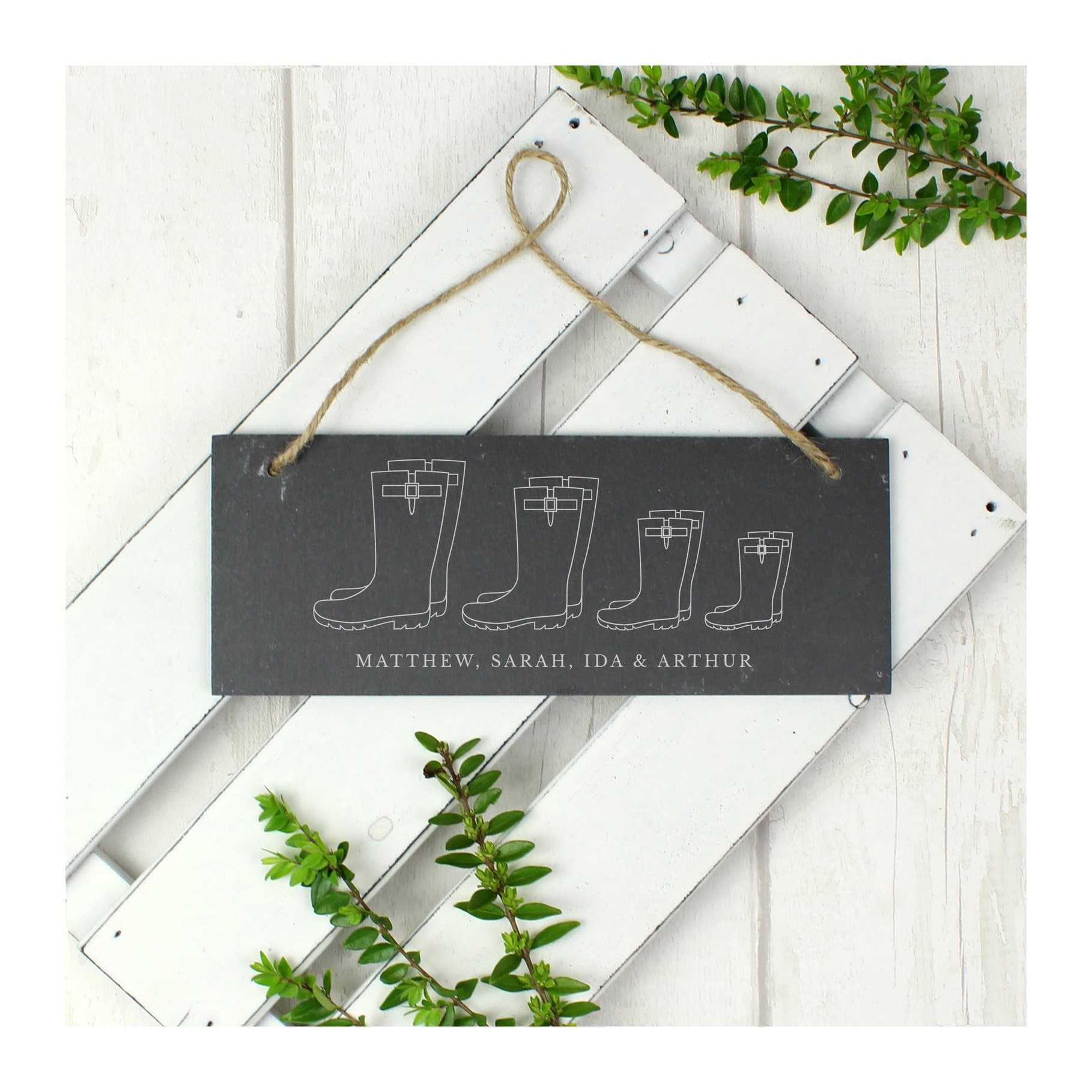 Hanging slate plaque with a welly boot family of four design and string
