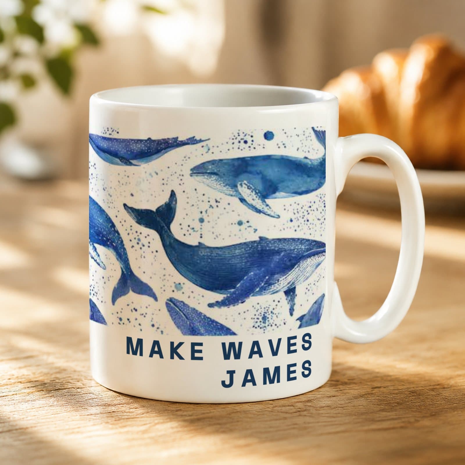 Ceramic mug with a blue whale design