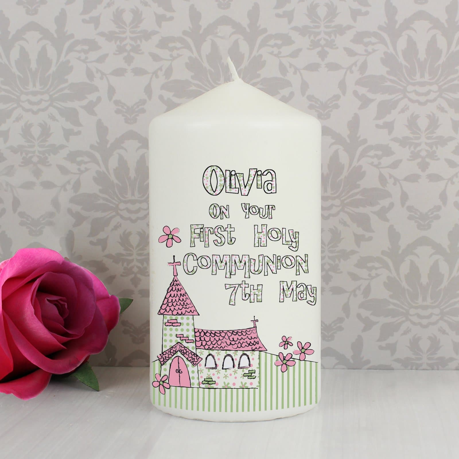 Personalised holy communion pillar candle with a church design