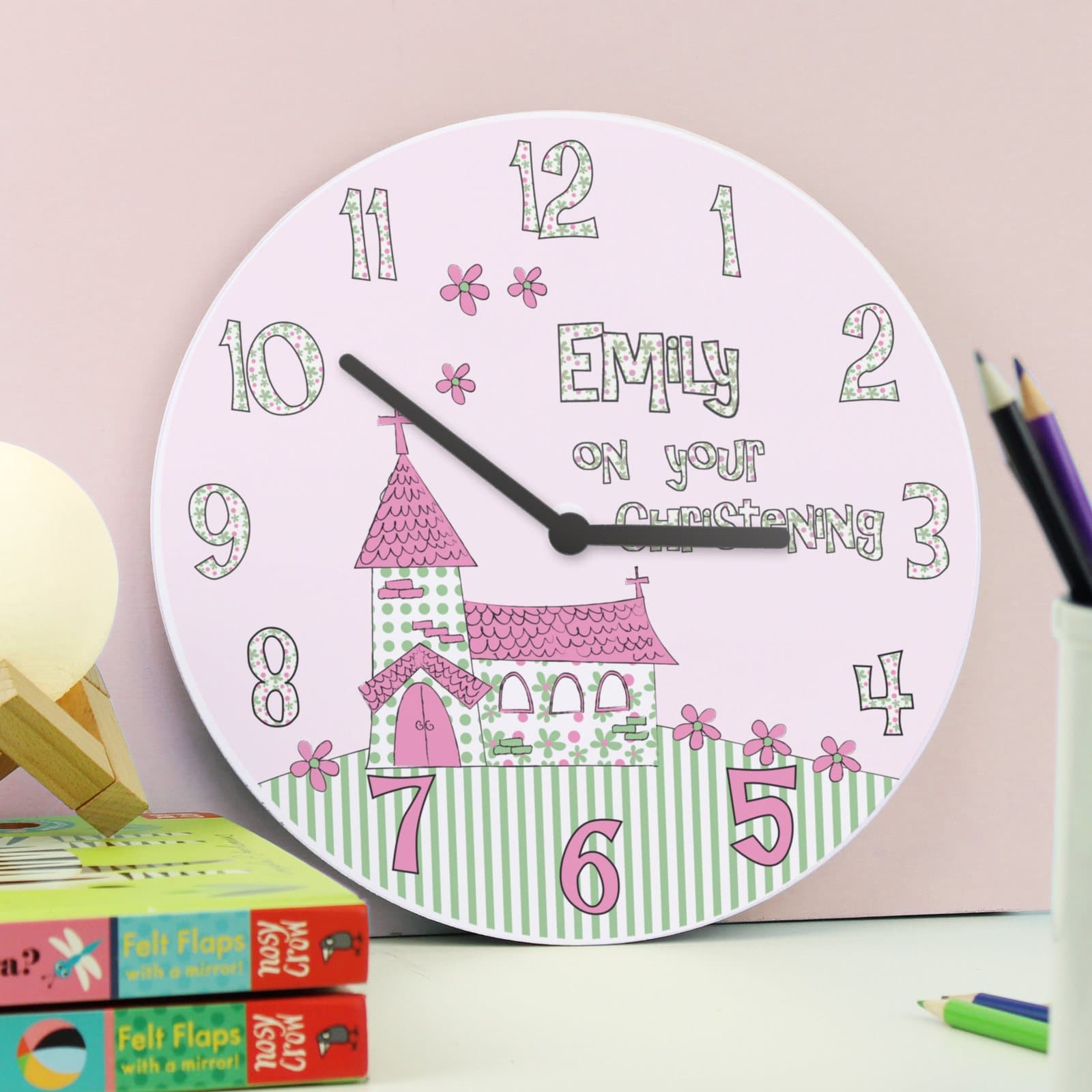 Personalised whimsical church themed wooden christening clock