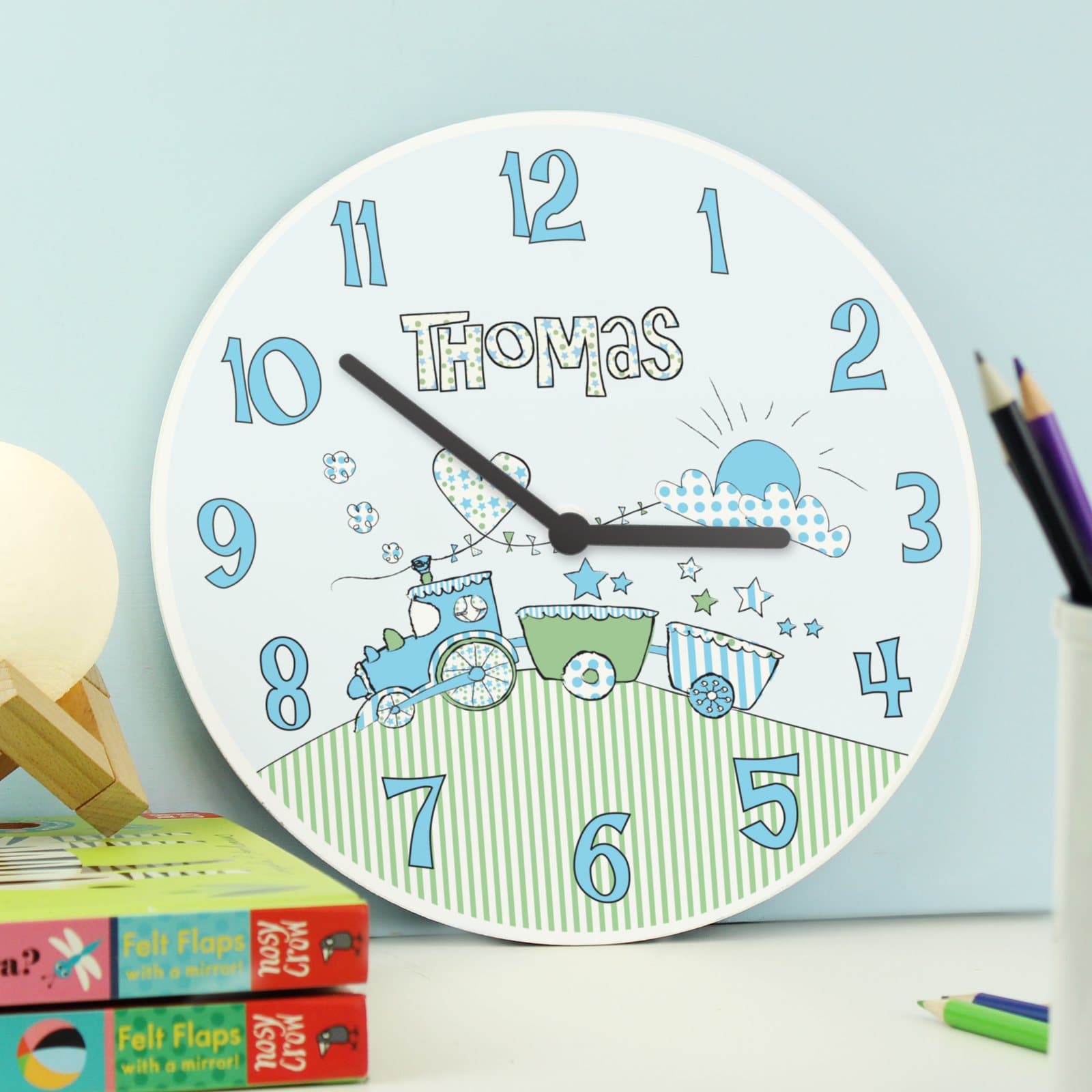 Personalised wooden whimsical train clock for kids