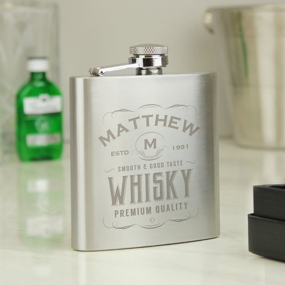 Stainless steel whisky hip flask with engraved name, initial and year