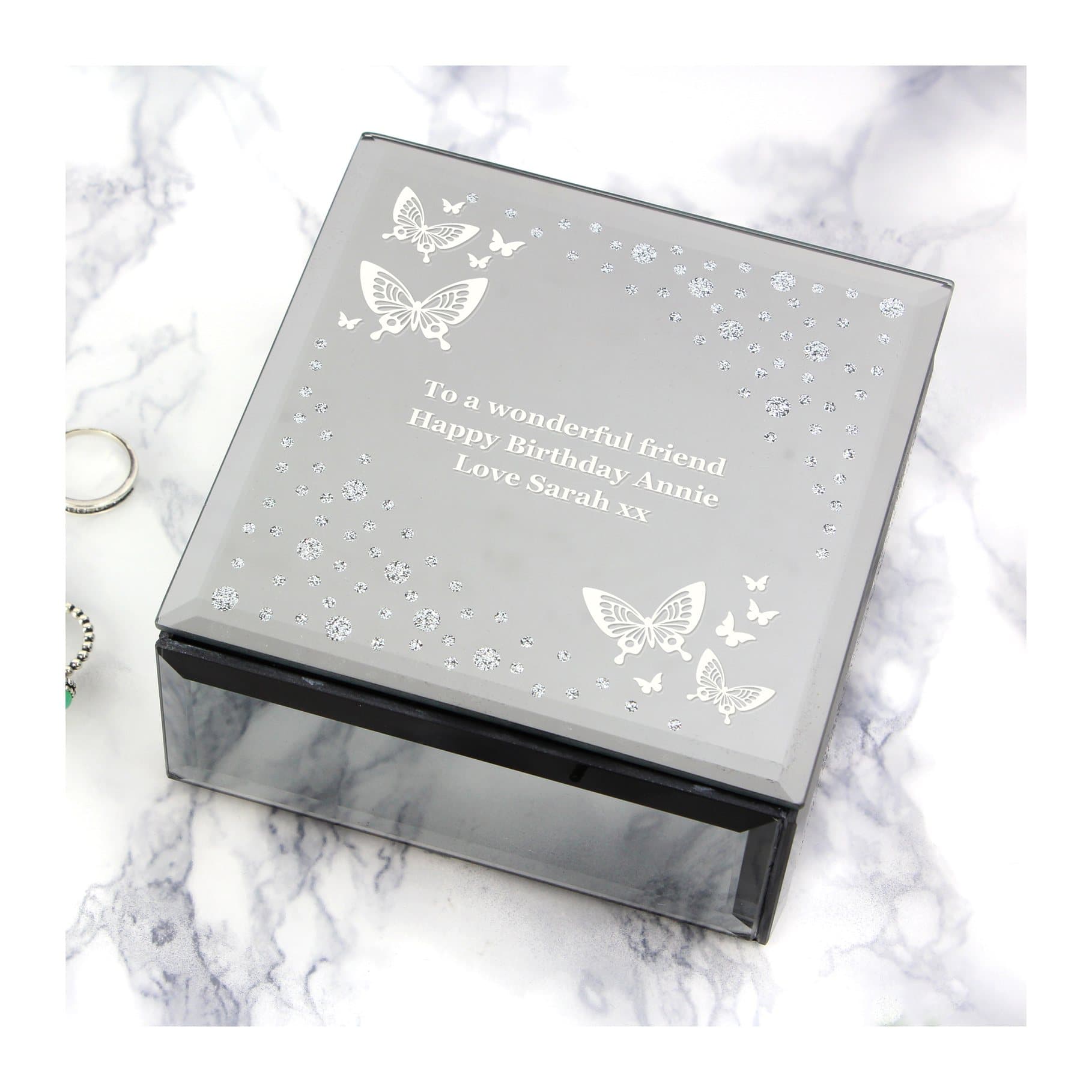 Glass trinket box with a white butterfly and diamante