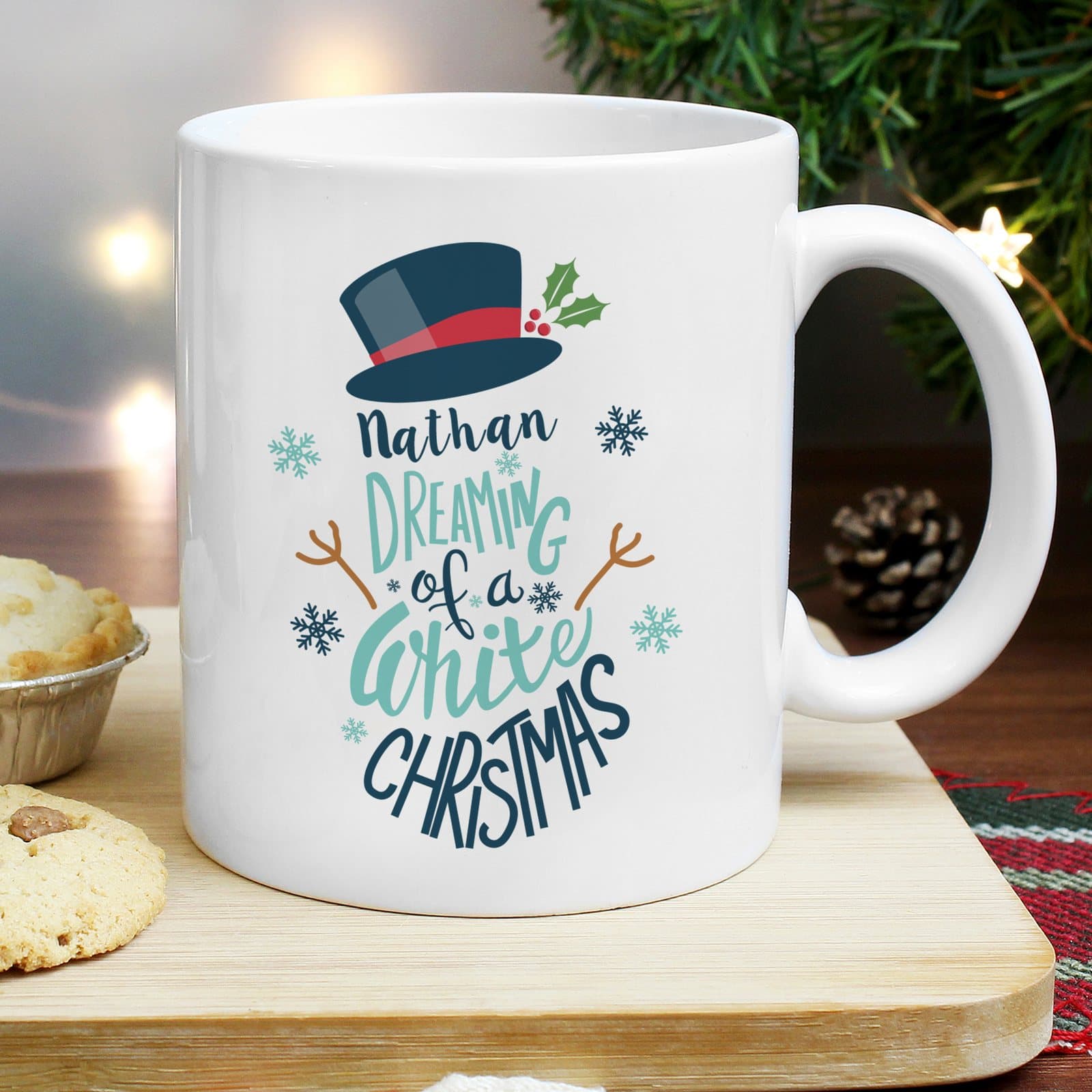 Personalised white Christmas mug with a jingle line and a name
