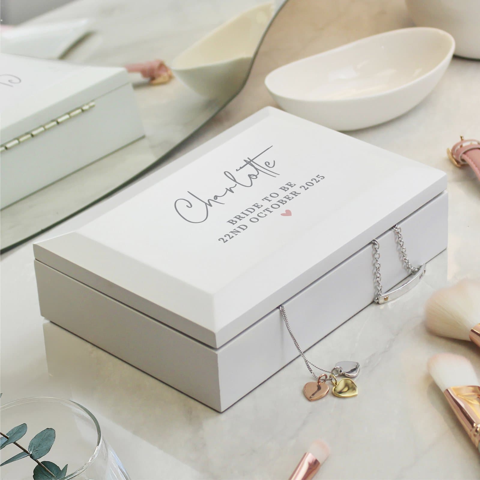 White wooden jewellery box with personalised text