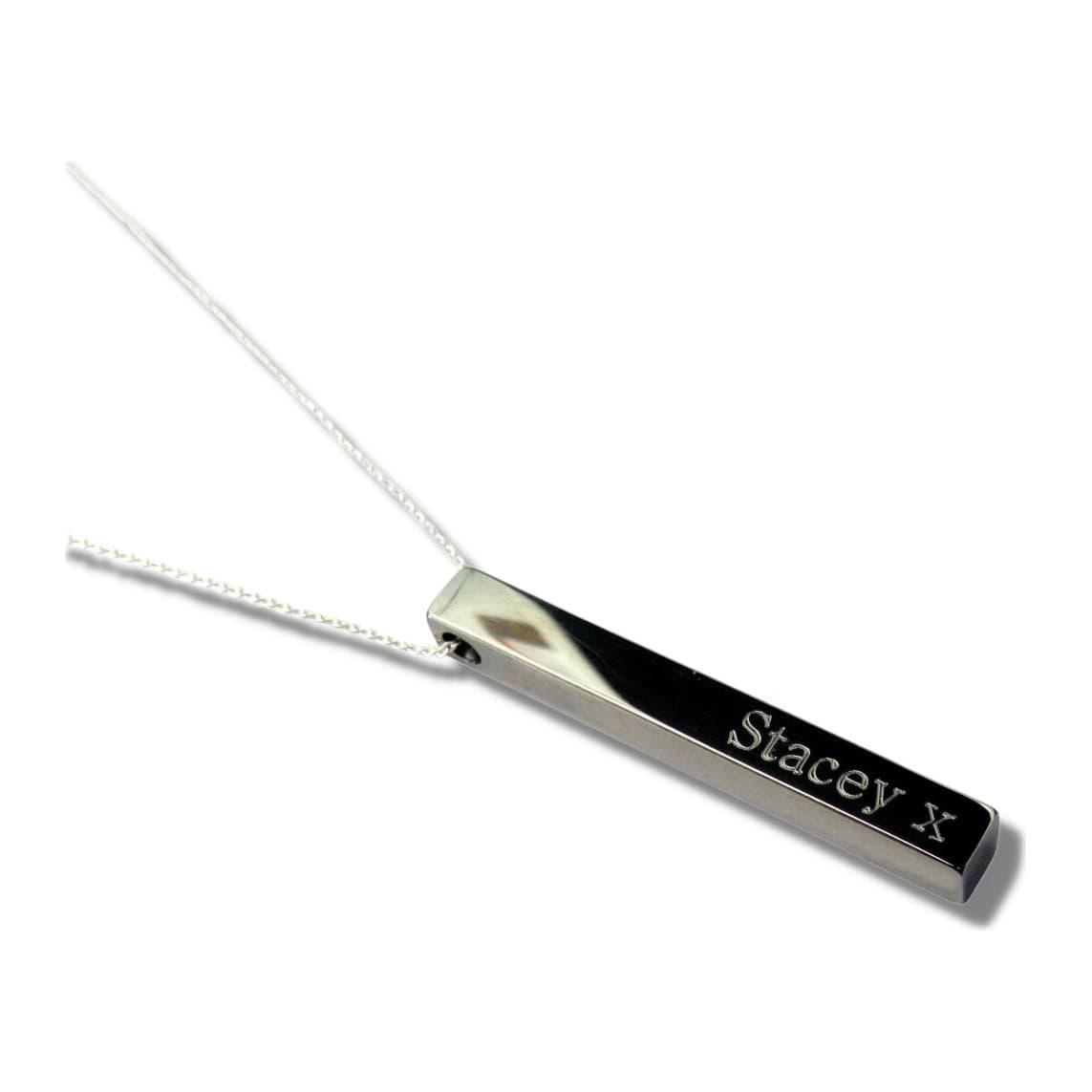 Personalised wide bar engraved necklace with a silver bar on a fine silver chain.