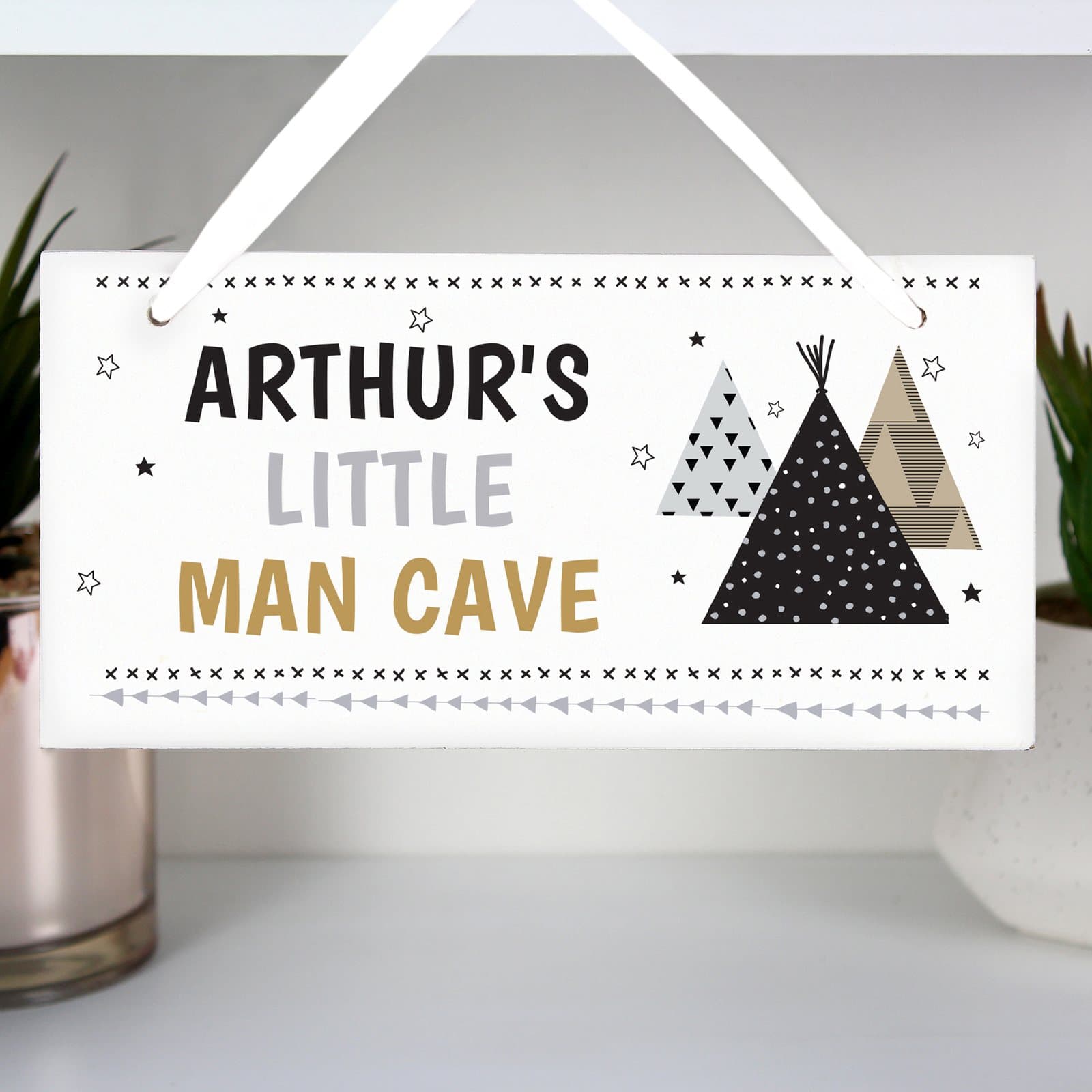 Wooden wigwam sign with three lines of personalised text and ribbon