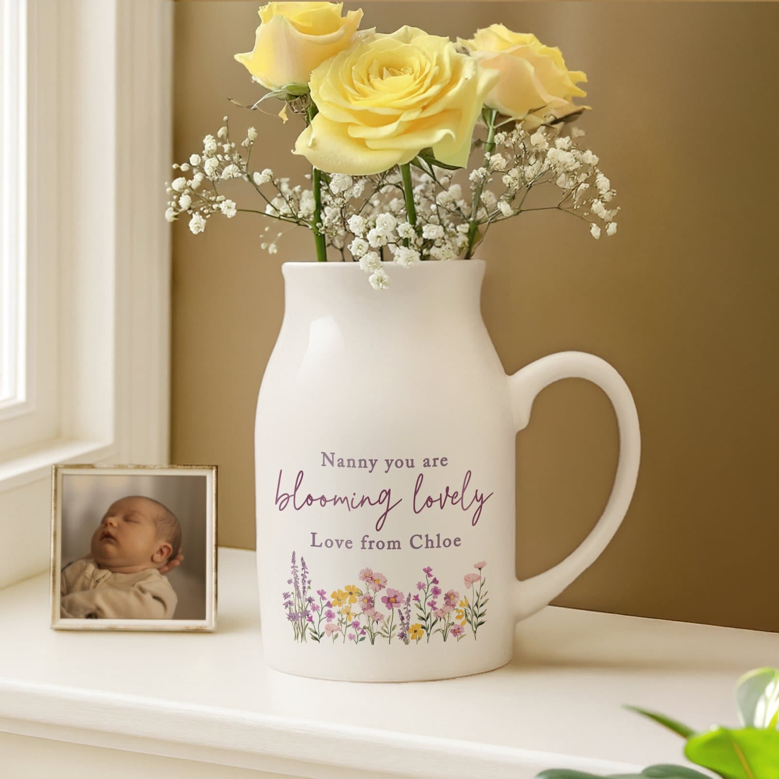 Ceramic wild flower jug vase with personalised lines of text