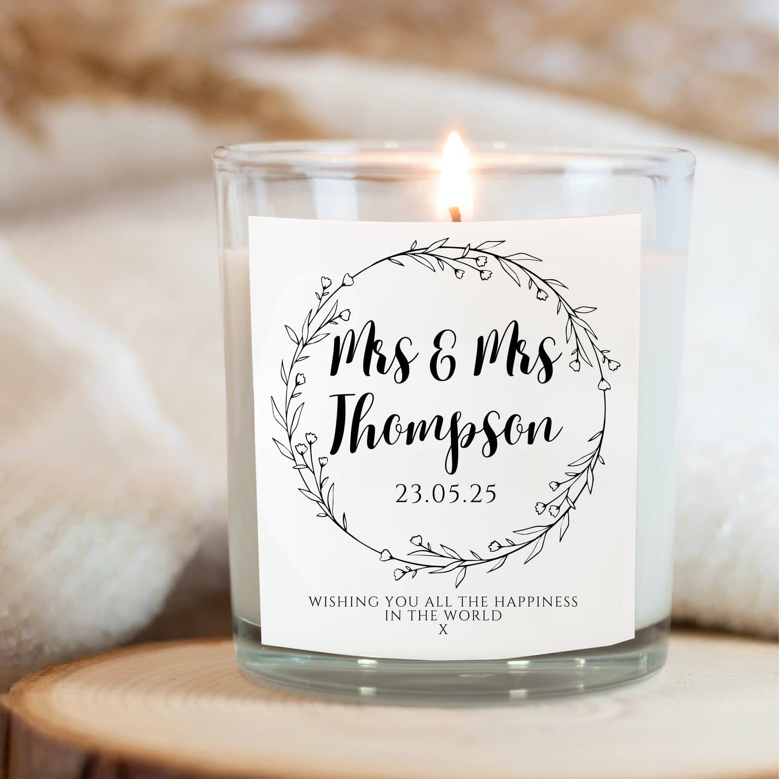 Personalised wild flower wedding candle gift set with a black script design