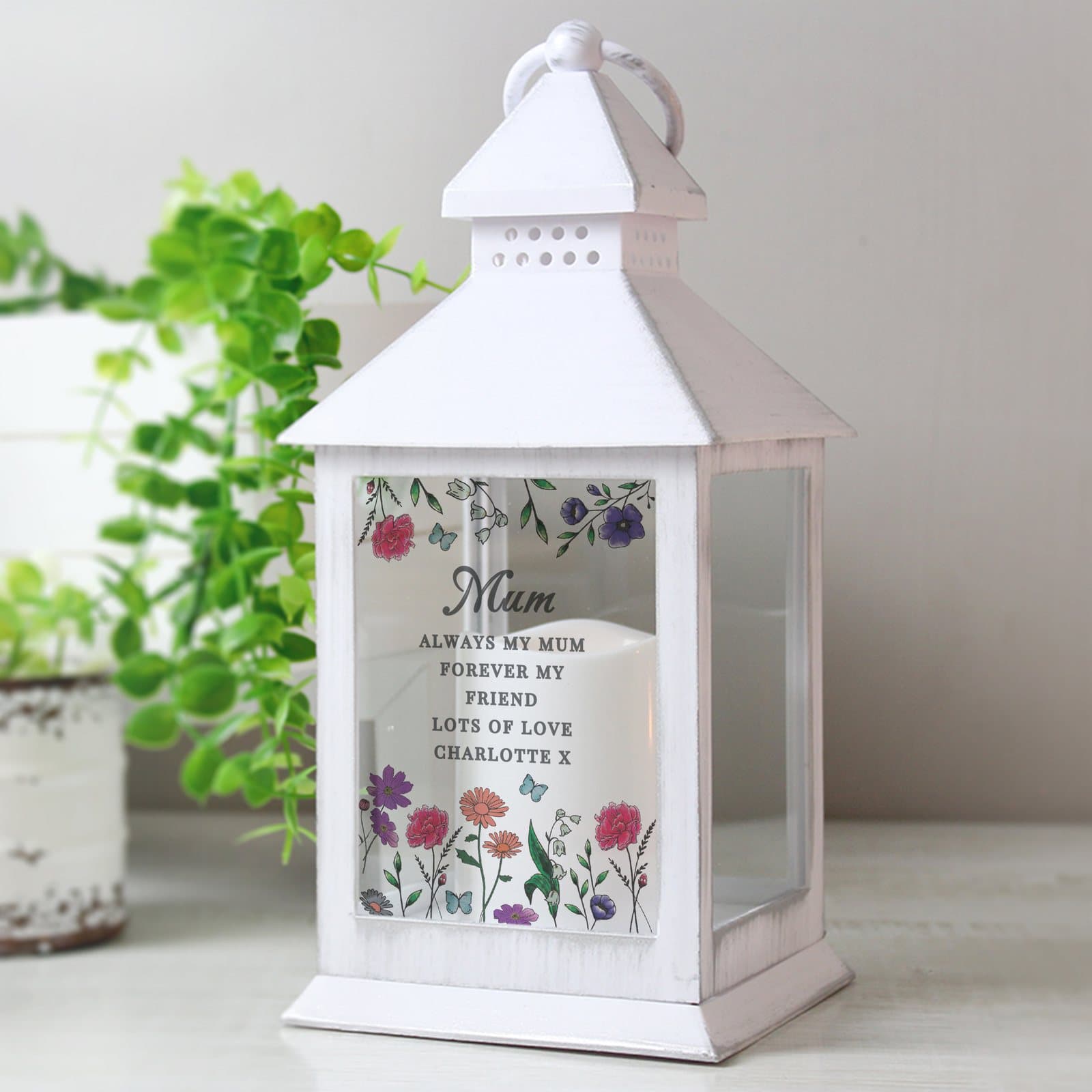 LED lantern with a wildflower design and personalised text