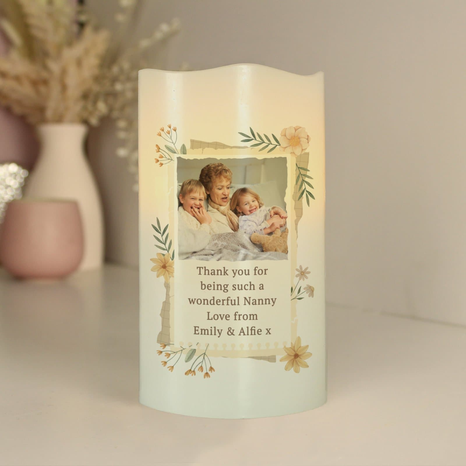 Wild flowers LED candle with a photo and five lines of personalised text