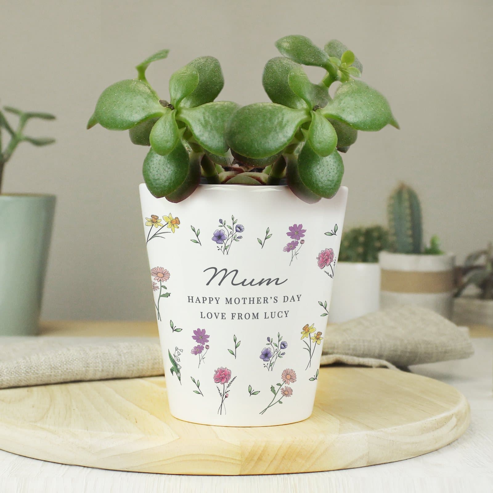 Ceramic wild flowers plant pot with three lines of text