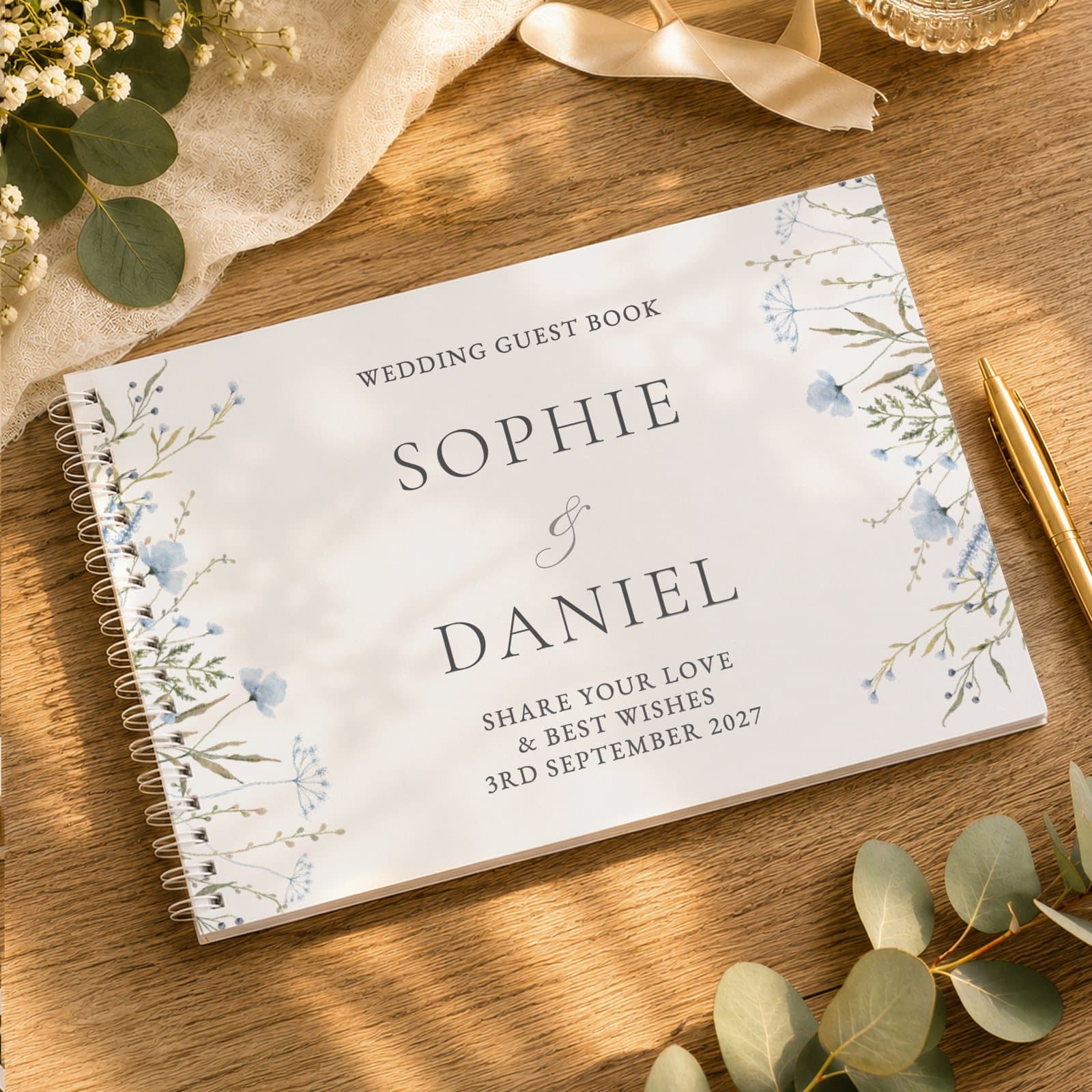 Personalised wild flowers wedding guest book in blue or pink