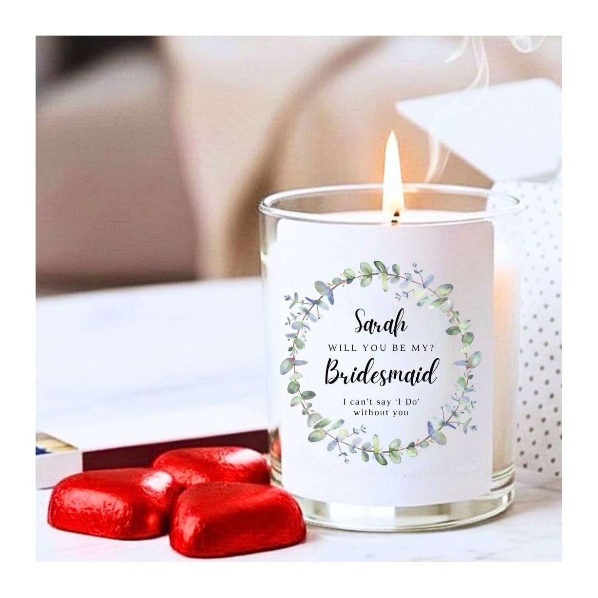 Glass candle with a eucalyptus design in a bridesmaid gift set