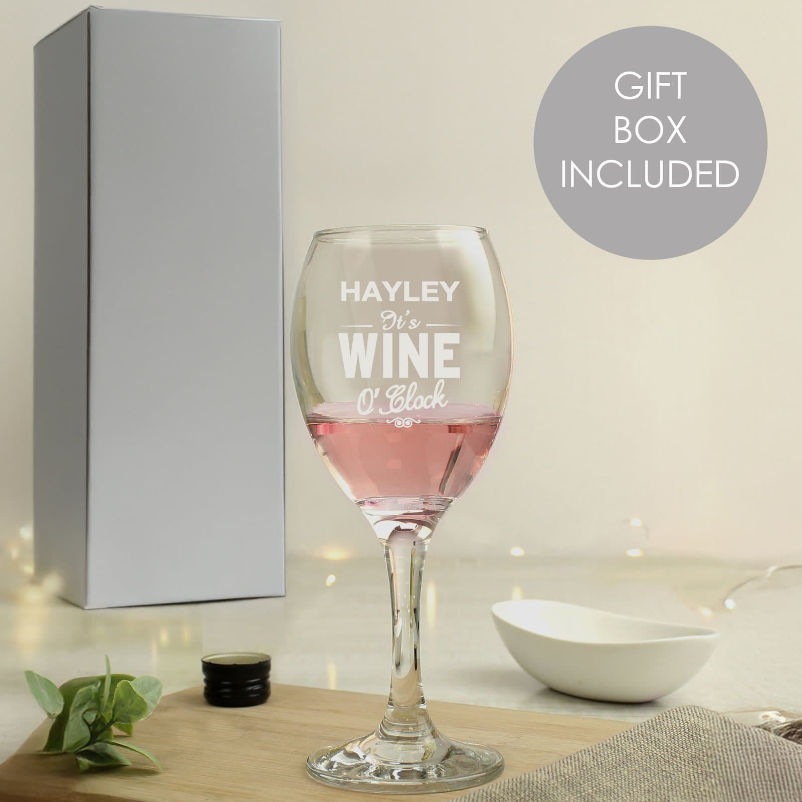Personalised wine glass with It's WINE O'Clock typography design