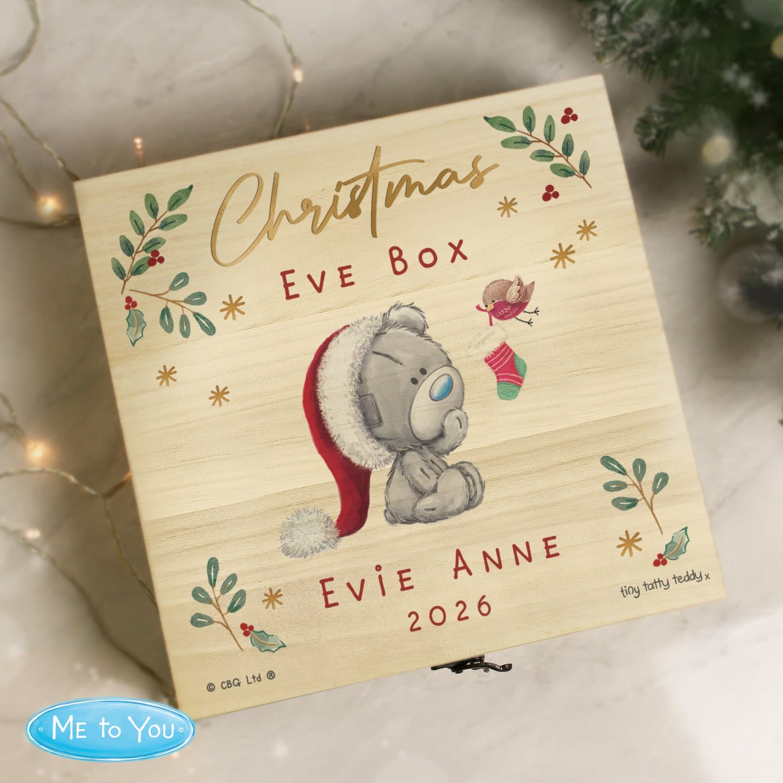 Brightly decorated Tiny Tatty Teddy wooden Christmas Eve box with name and year
