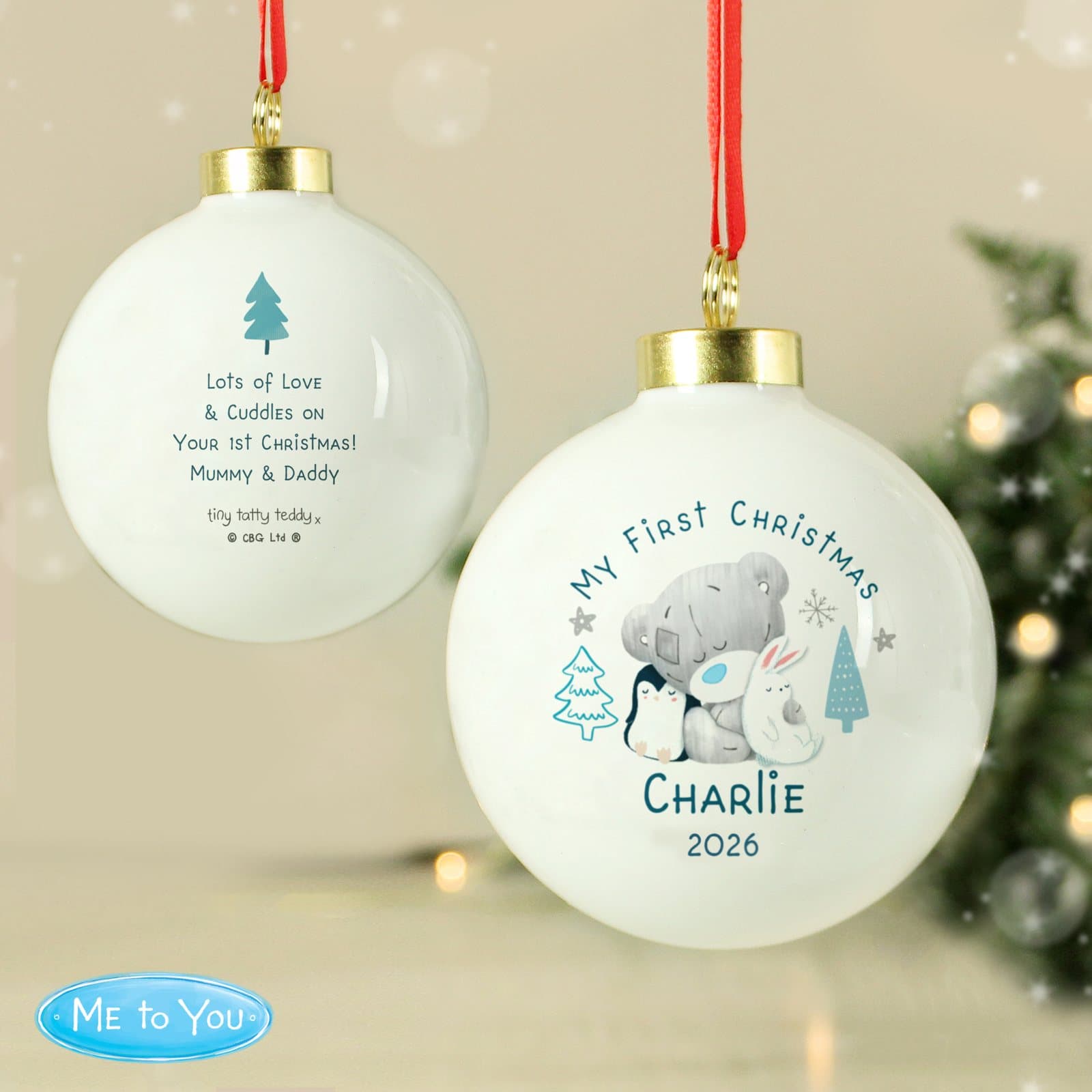 Tiny Tatty Teddy first Christmas bauble with a ribbon