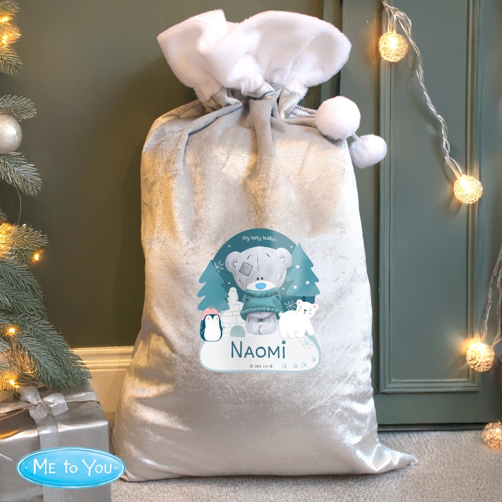 Grey fleece Tiny Tatty Teddy Christmas sack with pom pom