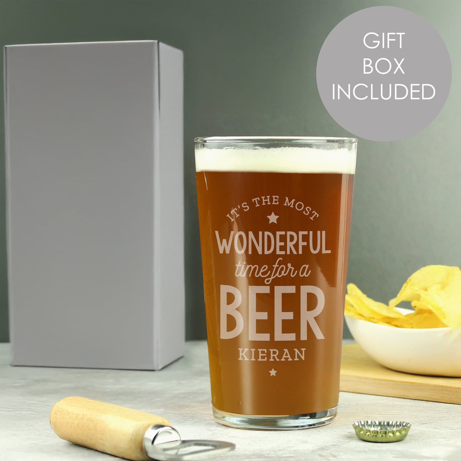 Personalised Christmas pint glass with a name and a beer message