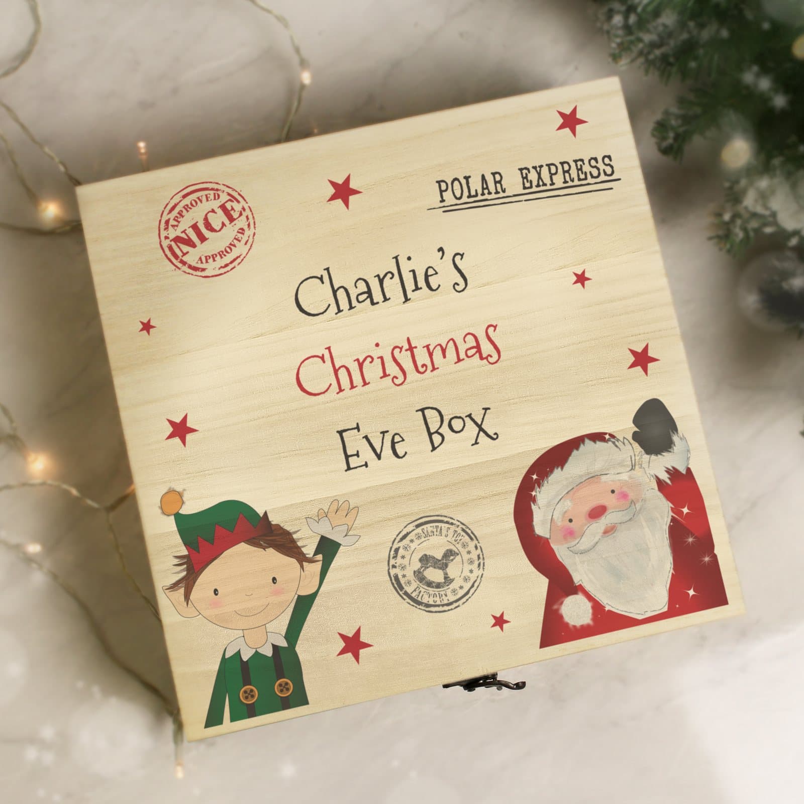 Wooden Christmas Eve box with a metal clasp and personalised text