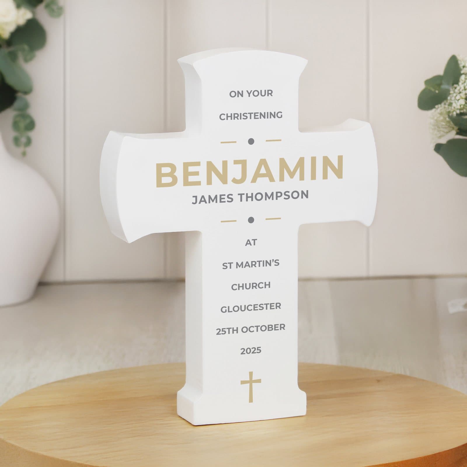 Wooden cross ornament with lines of personalised text