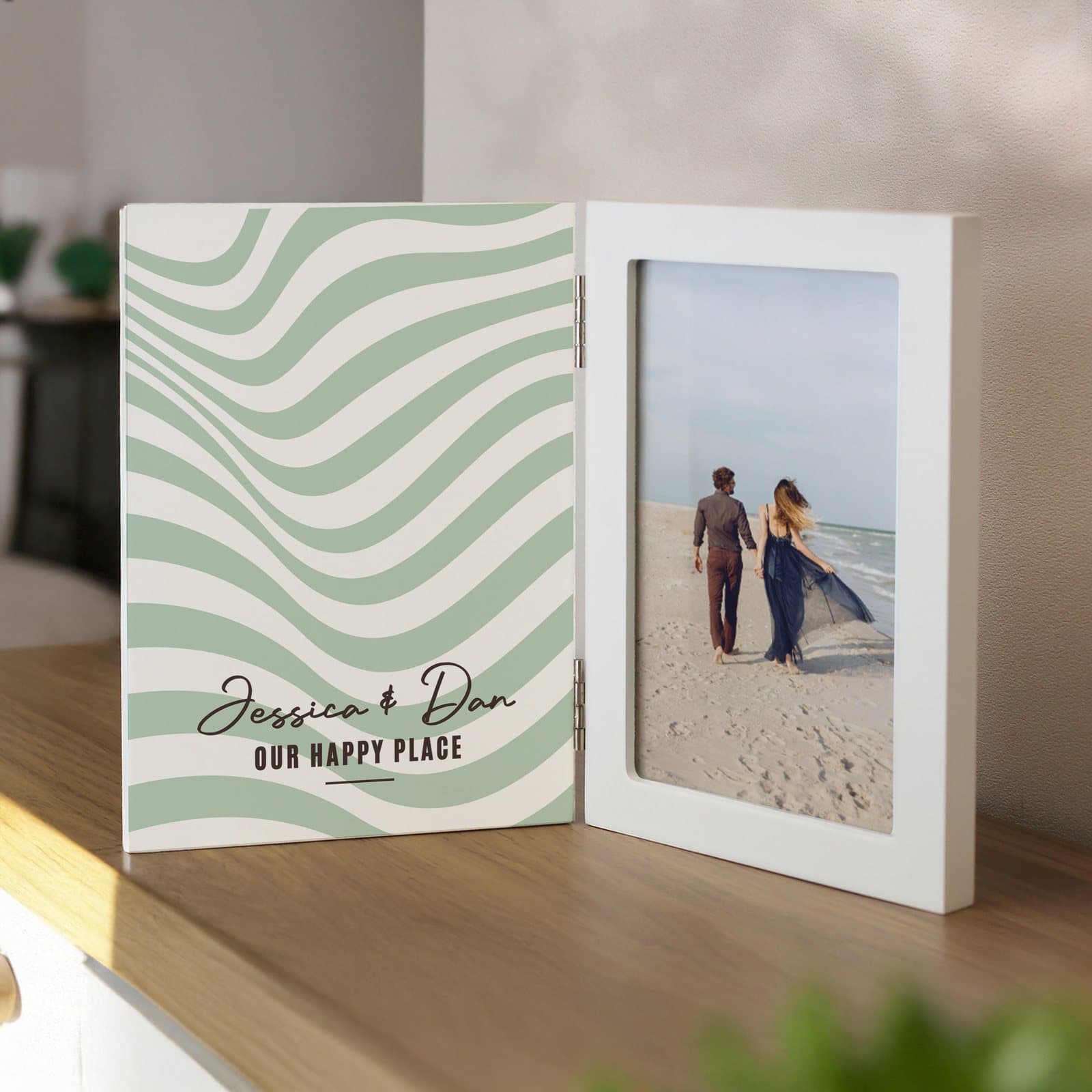 Wooden hinged 6x4 photo frame with two lines of personalised text