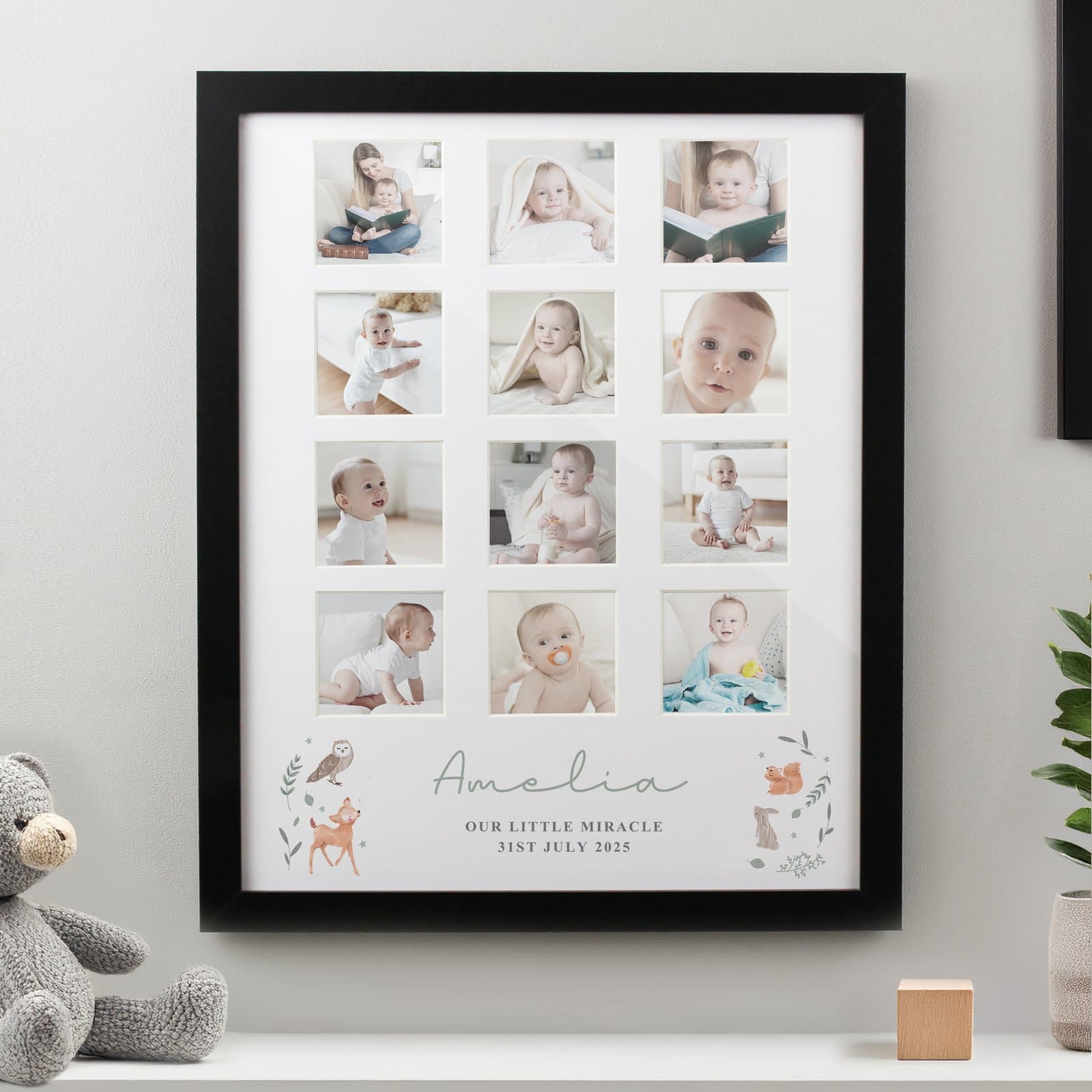 Multi photo frame with 12 photo spaces, woodland animal accents and personalised text