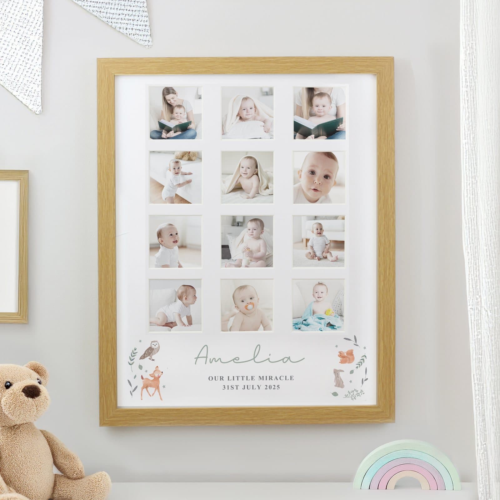 Oak multi photo frame with 12 photo spaces, woodland animal accents and personalised text