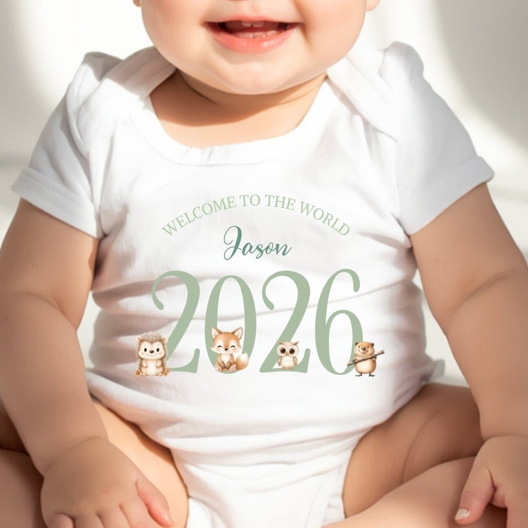 Woodland animals baby outfit with welcome to the world and 2026 in the design