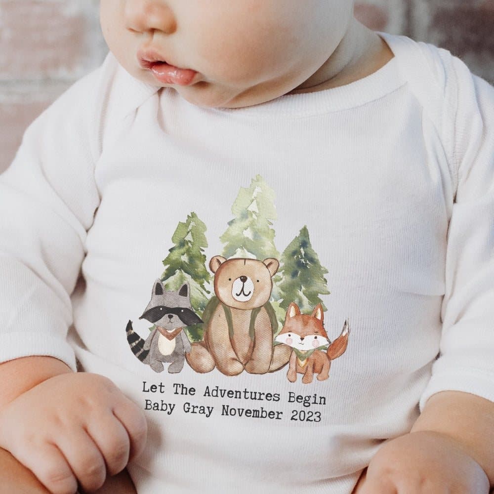 Personalised woodland animals baby grow, vest or bib with a message