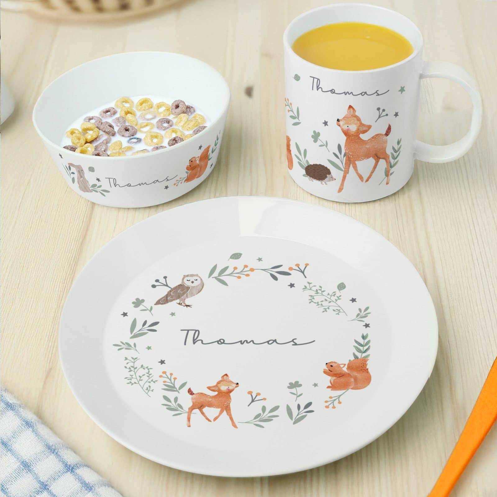 Woodland animals plastic breakfast set with plate, bowl and mug