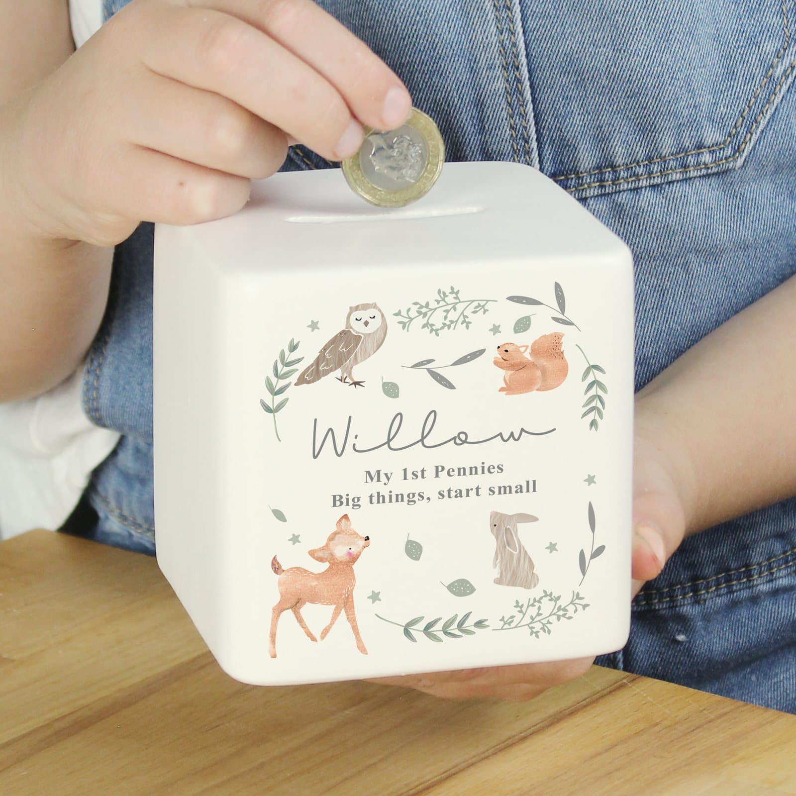 Square ceramic woodland animals money box with personalised text on the front