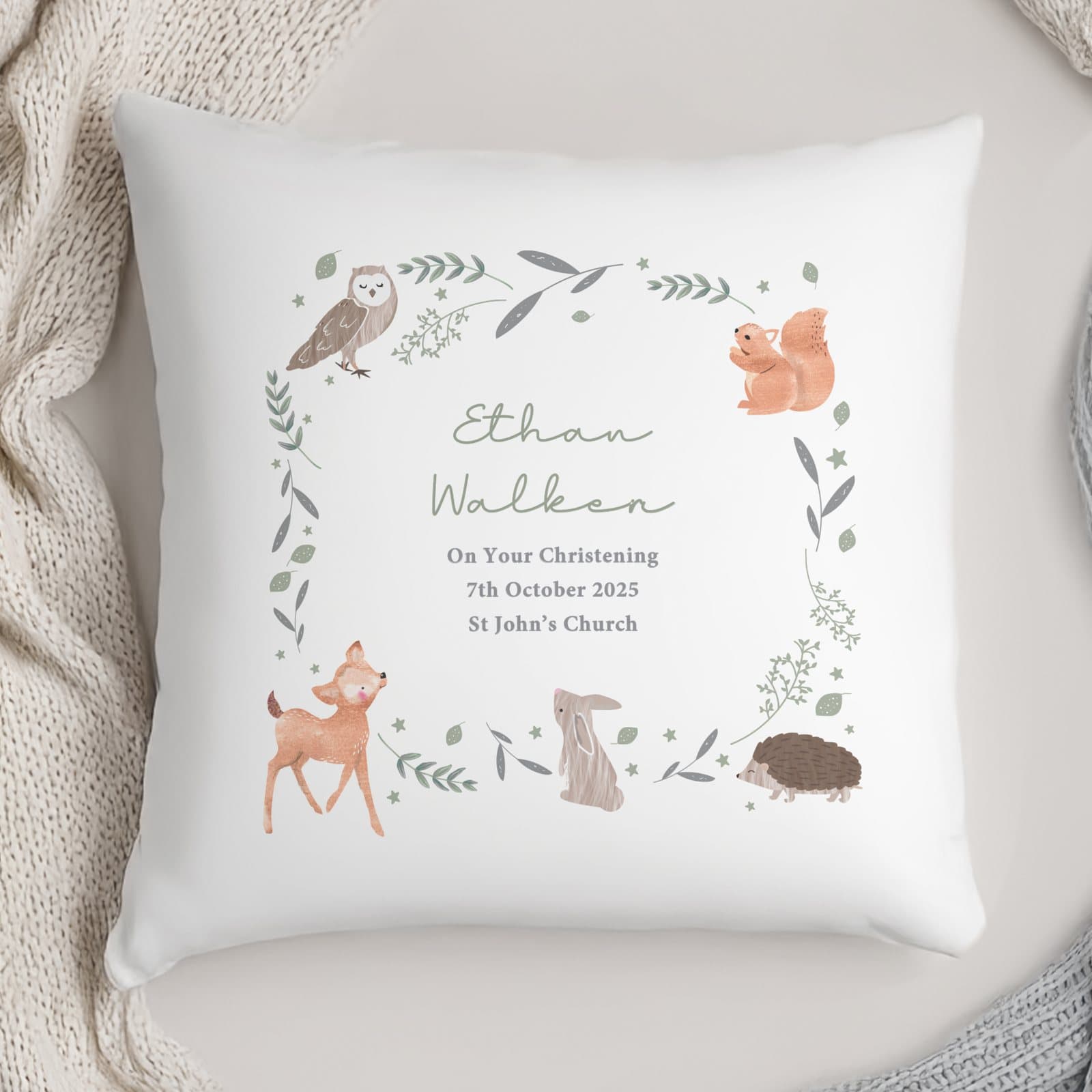 Personalised woodland animals cushion with lines of text