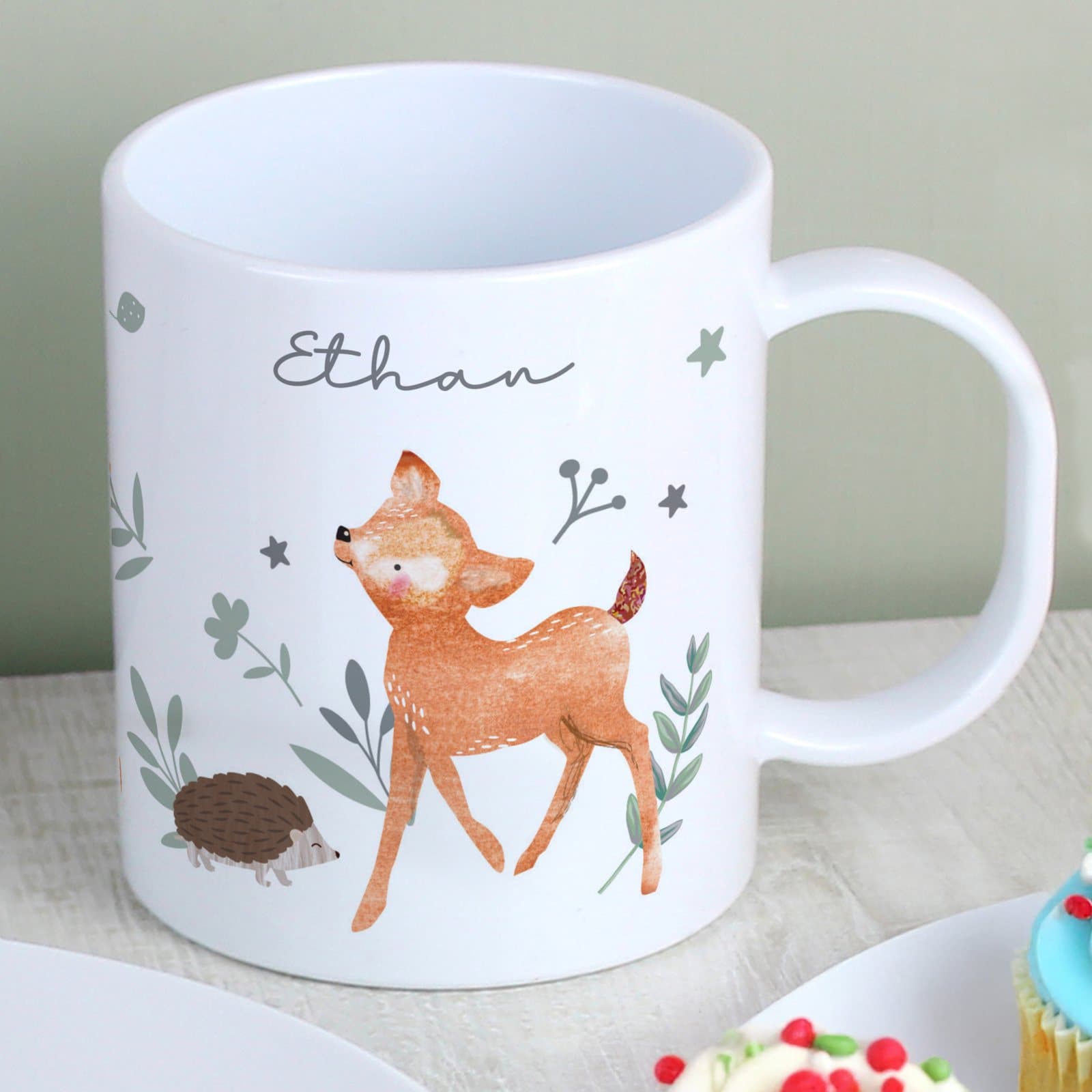 Woodland animals plastic mug personalised with a name