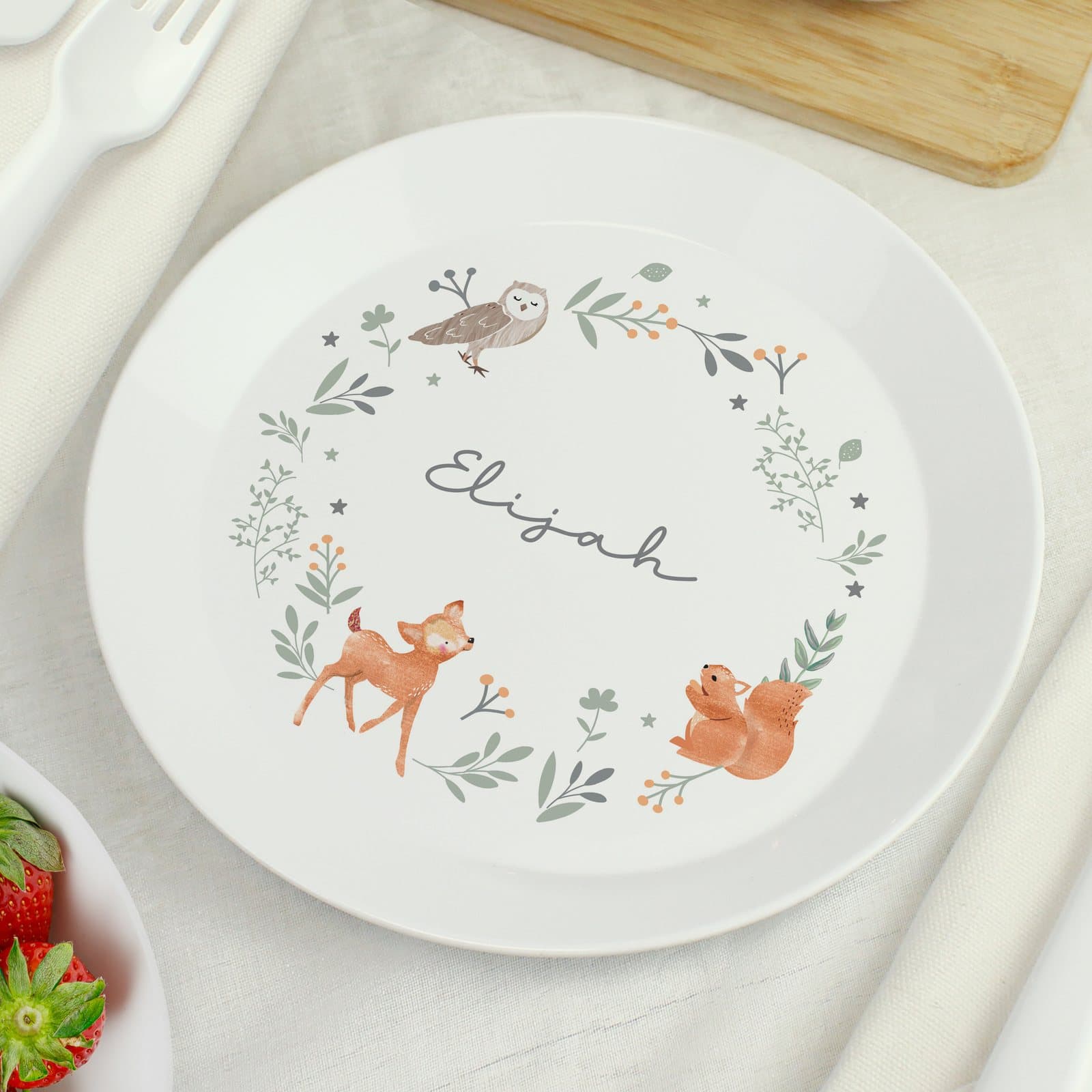 Woodland animals plastic plate personalised with a name