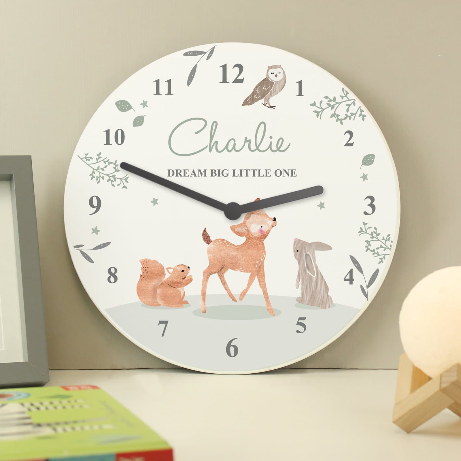 Personalised woodland animals wooden nursery clock