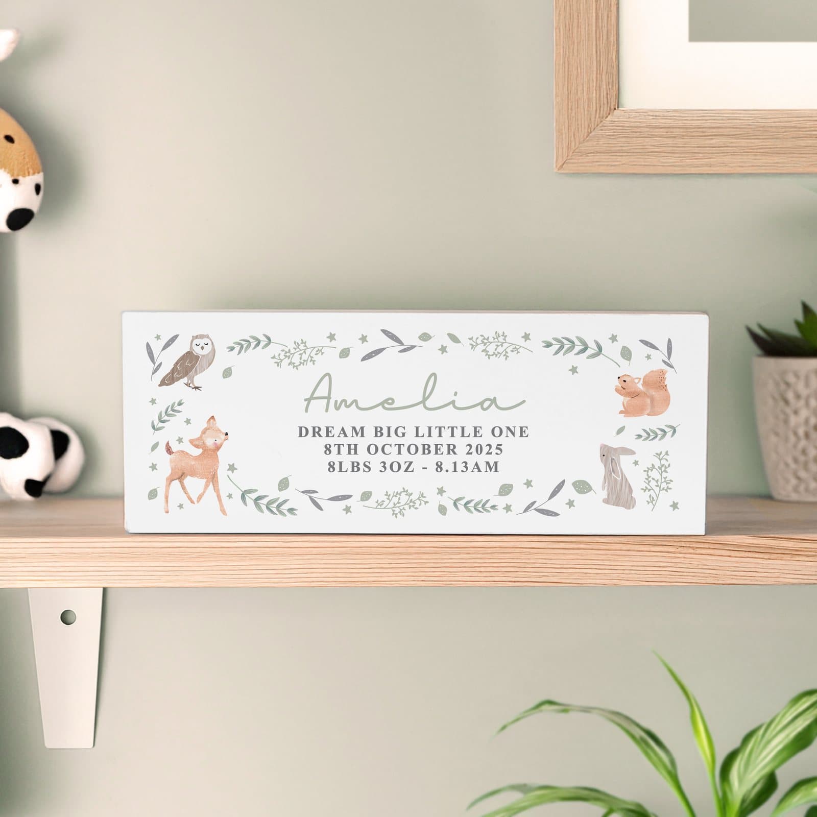 Solid wood woodland animals block sign with four lines of personalised text