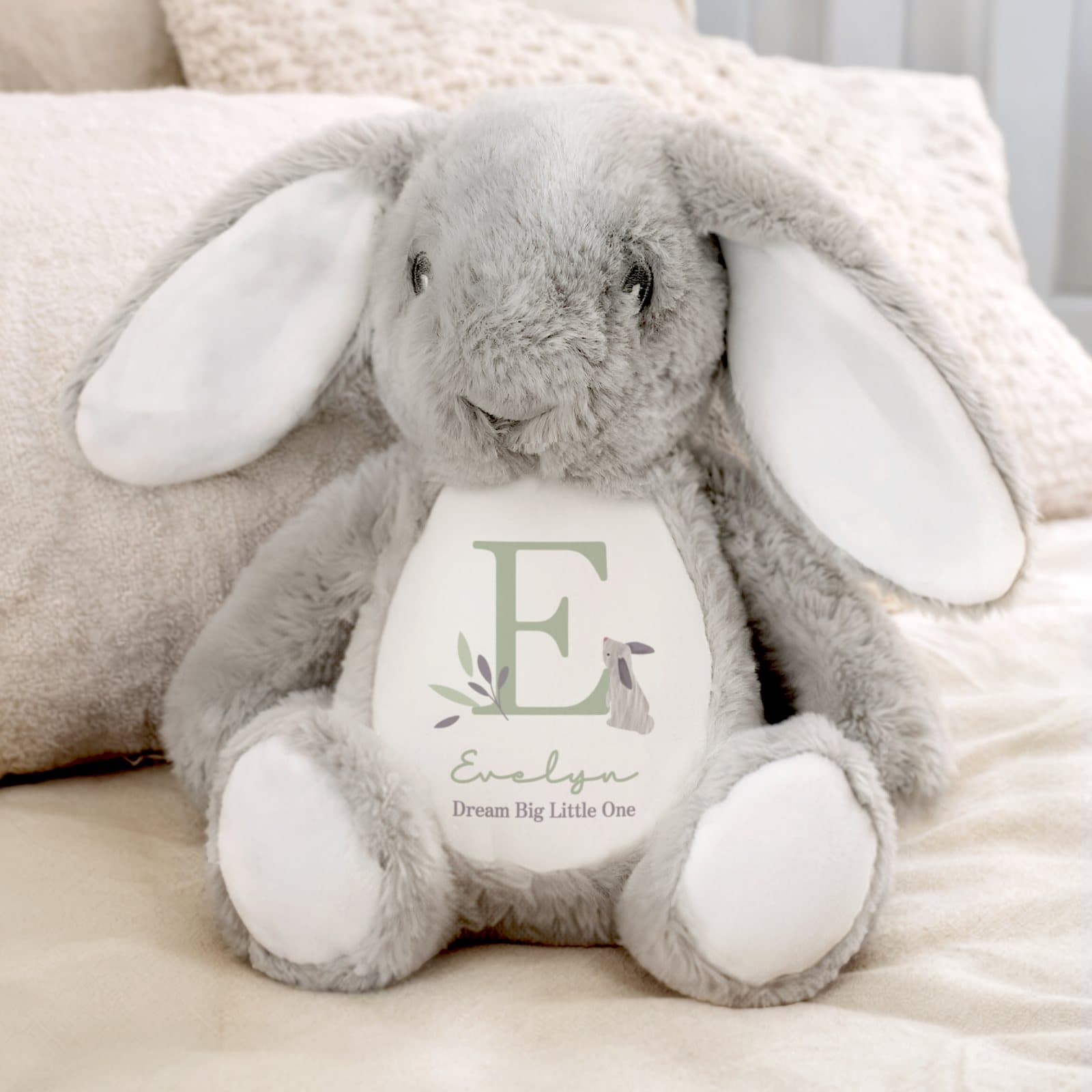 Soft woodland bunny plush sitting upright