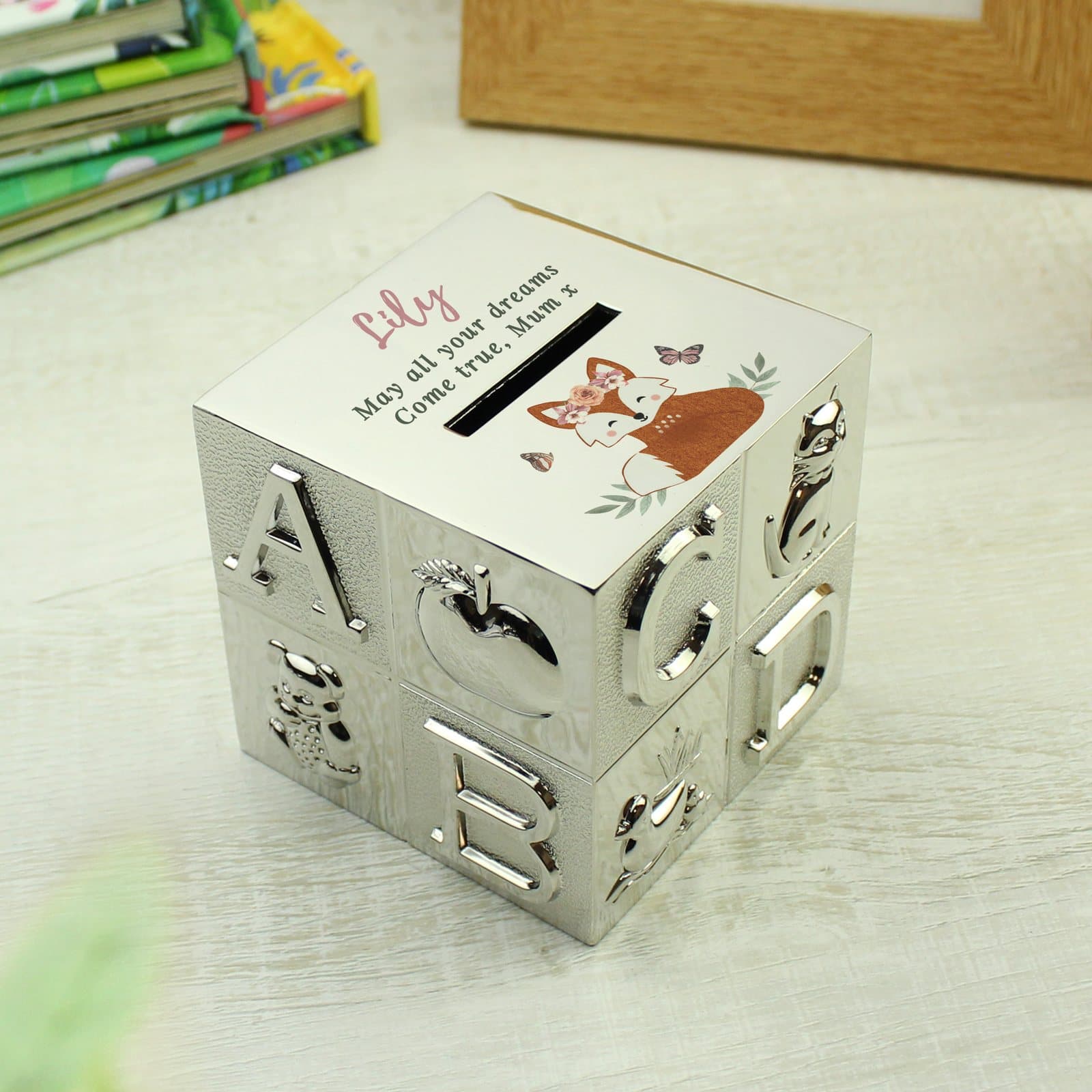 Woodland fox ABC money box with personalised text
