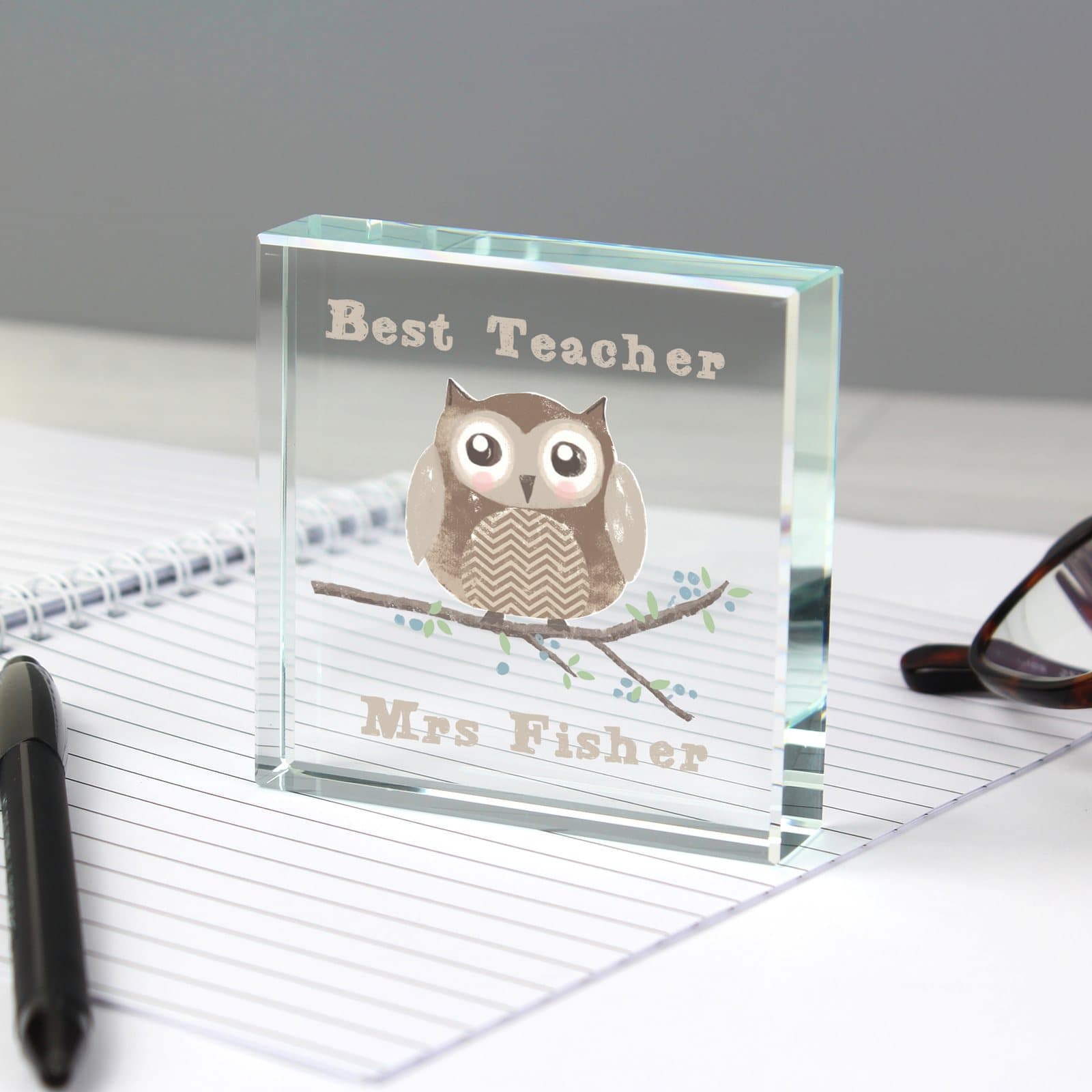 Woodland owl crystal token with a two-line personalised message