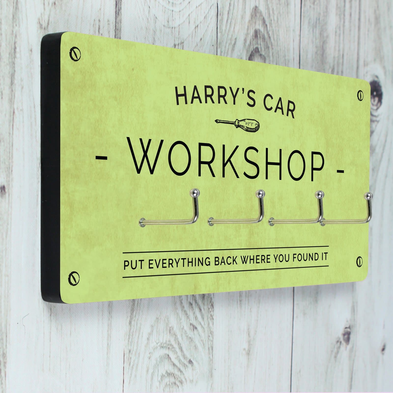 High gloss wooden workshop hanger with four hooks and a personalised top line