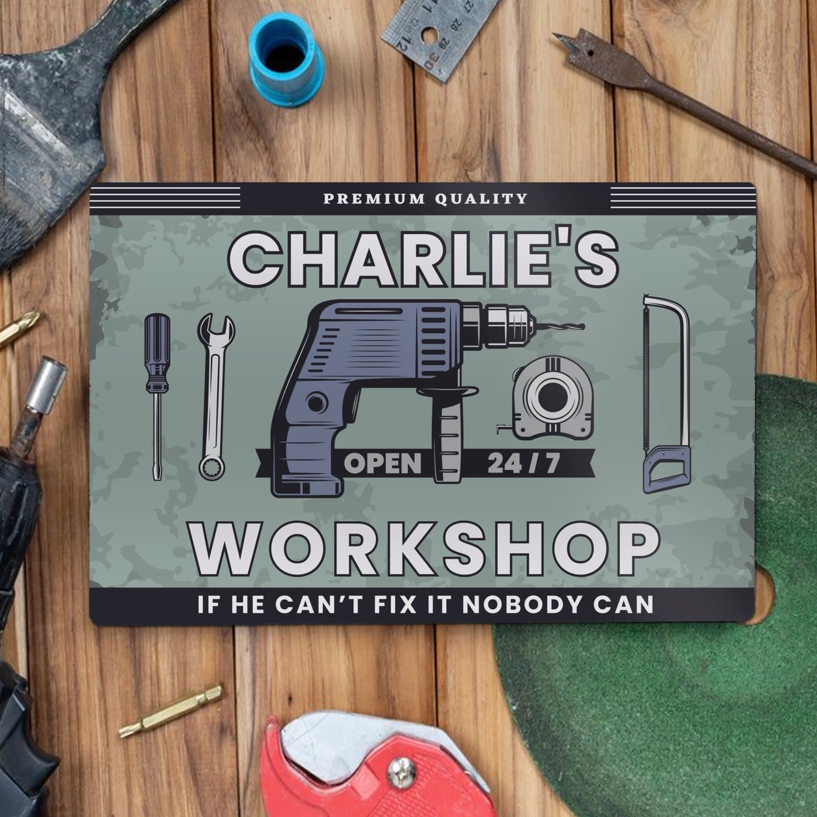 Aluminium workshop sign with personalised lines, Premium Quality and Open 24/7