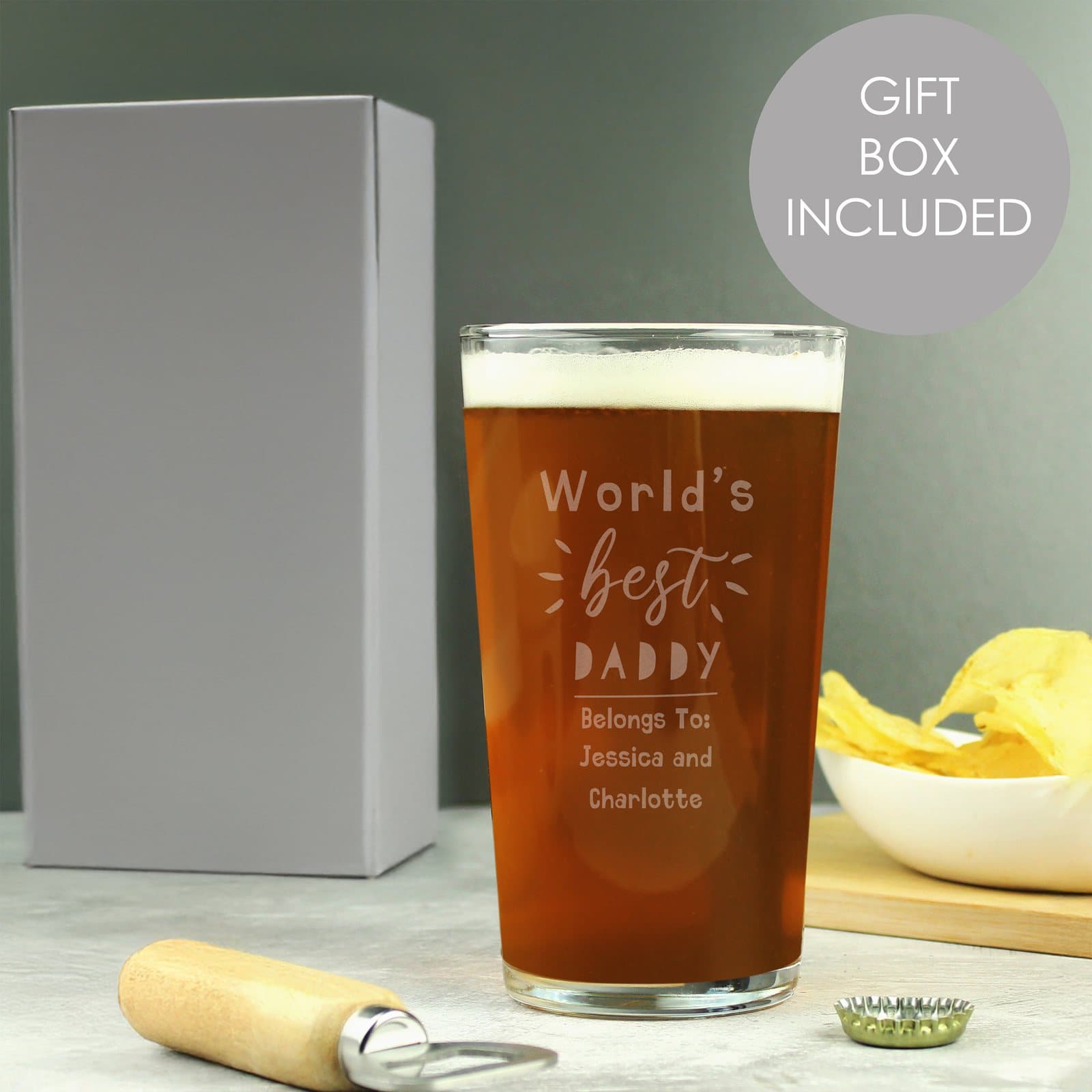 Personalised World's Best pint glass with four lines of text